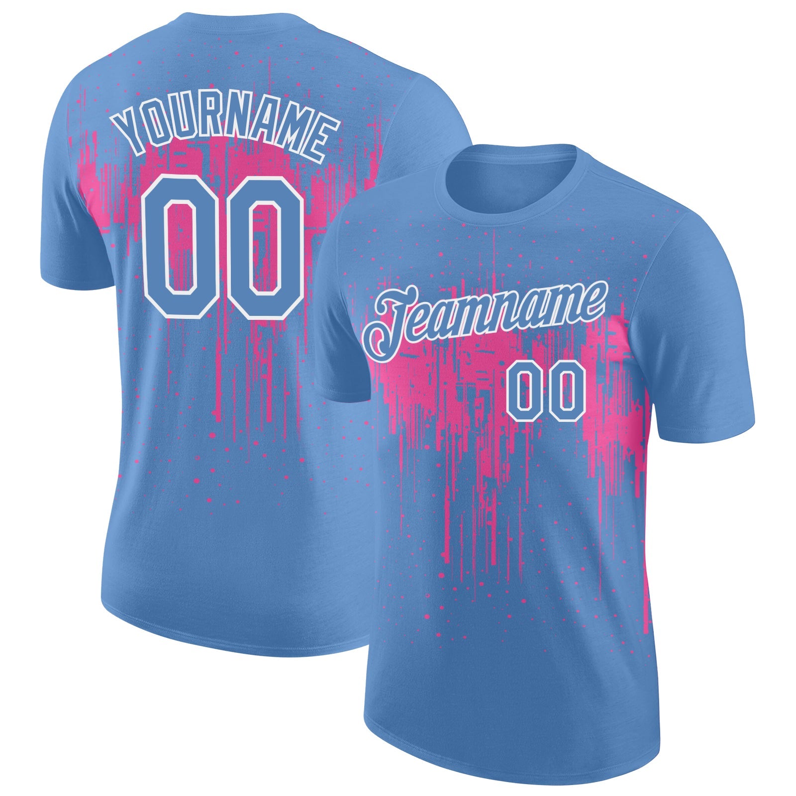Custom Light Blue Pink-White Dripping Splatter Paint Performance T-Shirt - Main View
