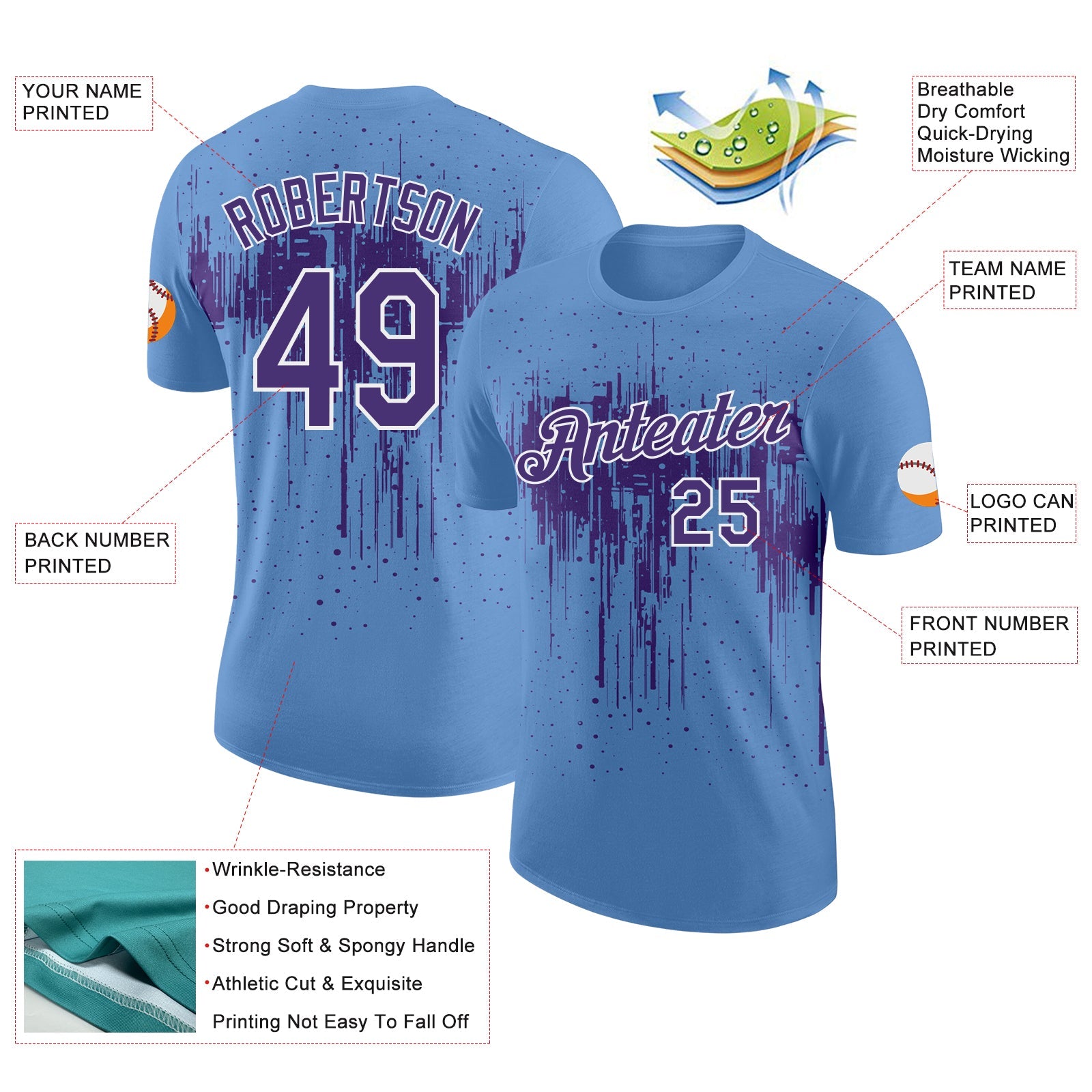 Custom Light Blue Purple-White Dripping Splatter Paint Performance T-Shirt view 2