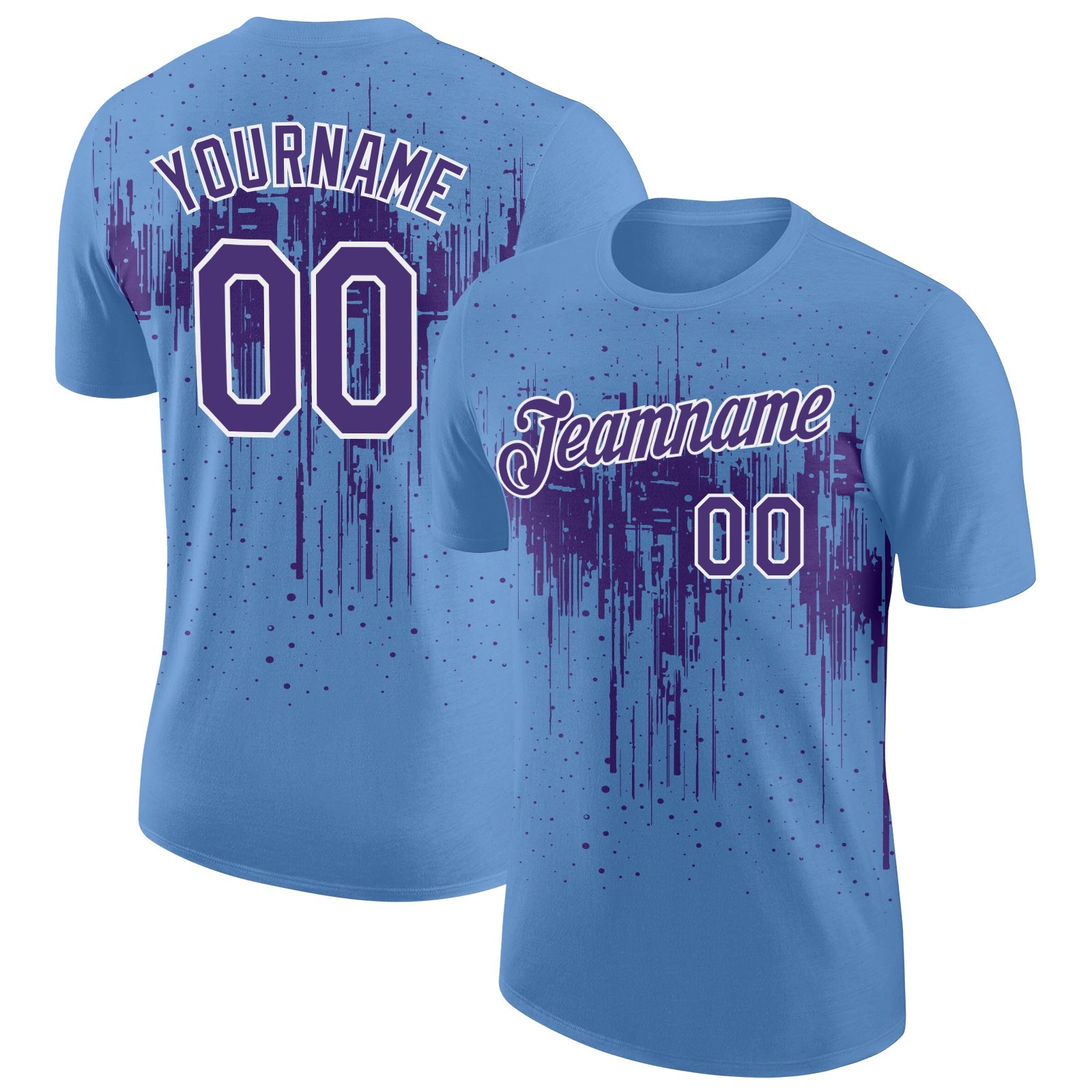 Custom Light Blue Purple-White Dripping Splatter Paint Performance T-Shirt - Main View