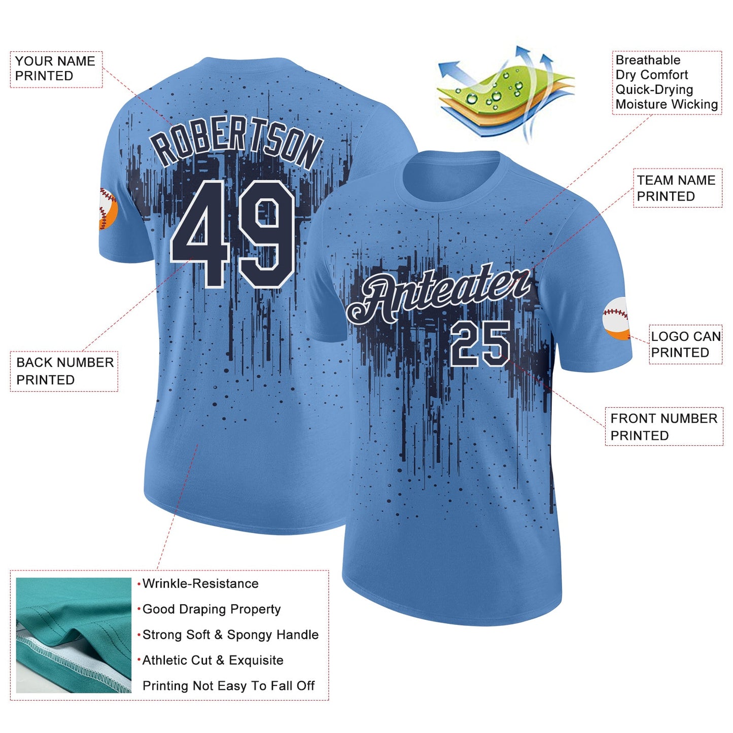 Custom Light Blue Navy-White Dripping Splatter Paint Performance T-Shirt view 2