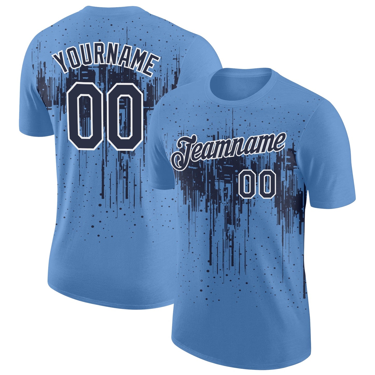 Custom Light Blue Navy-White Dripping Splatter Paint Performance T-Shirt - Main View
