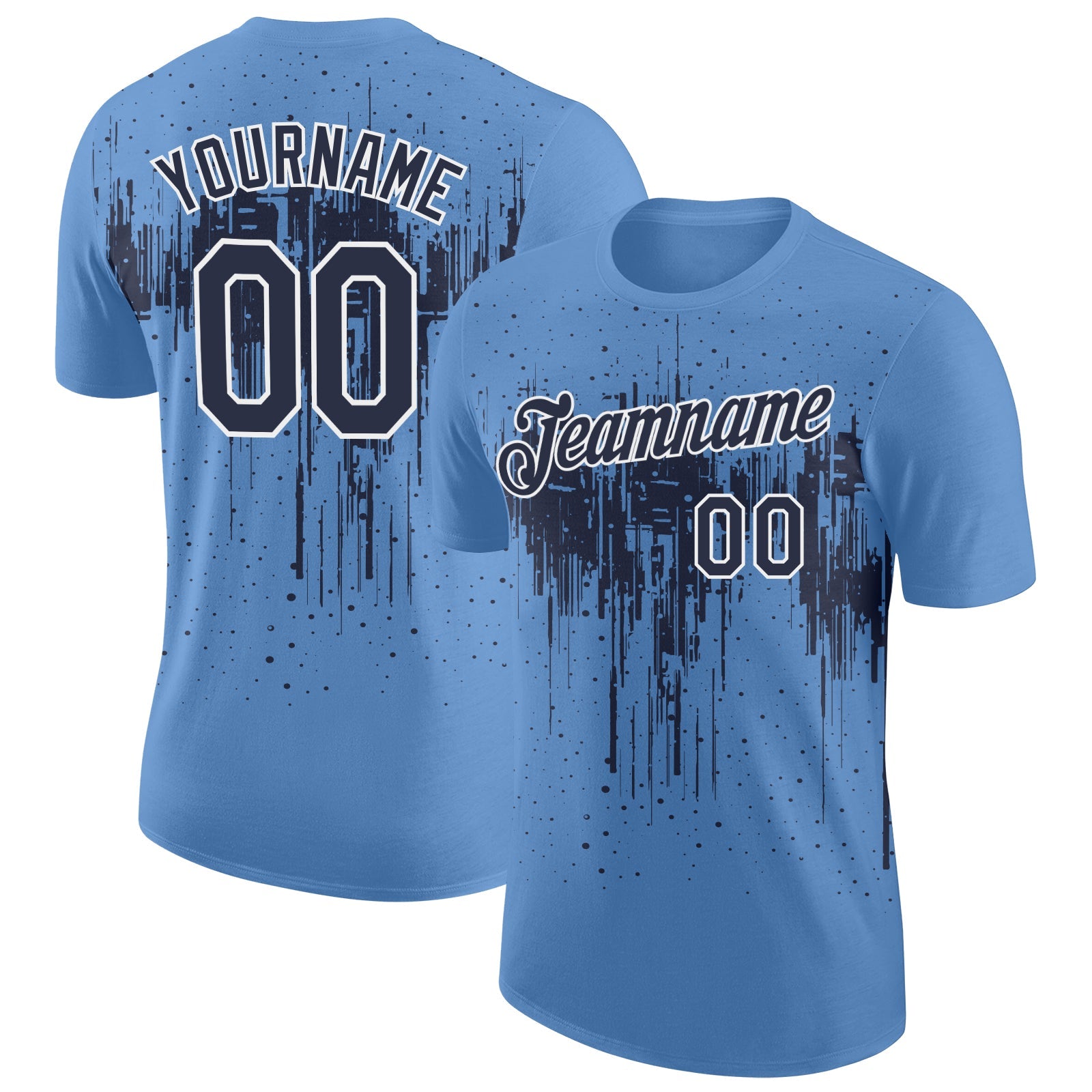Custom Light Blue Navy-White Dripping Splatter Paint Performance T-Shirt - Main View