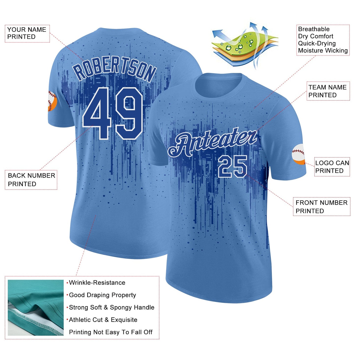 Custom Light Blue Royal-White Dripping Splatter Paint Performance T-Shirt view 2