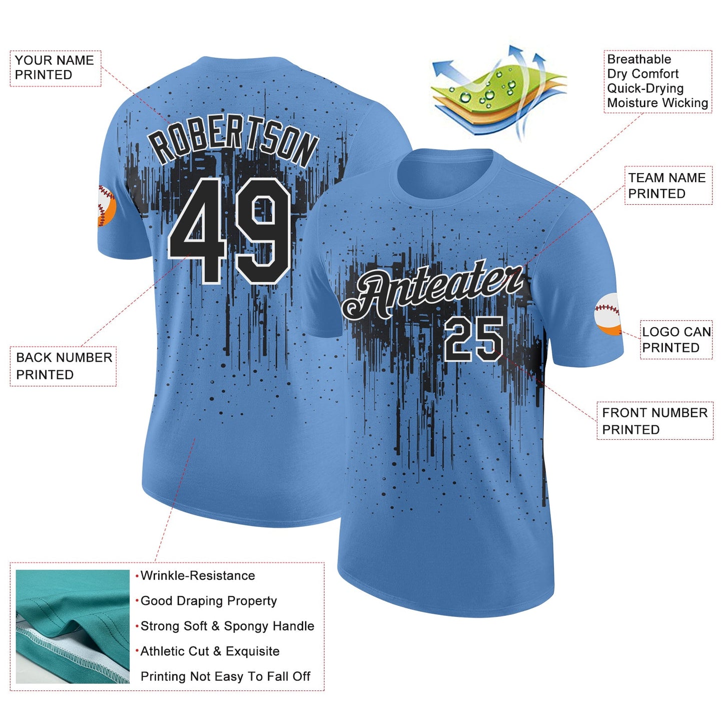 Custom Light Blue Black-White Dripping Splatter Paint Performance T-Shirt view 2