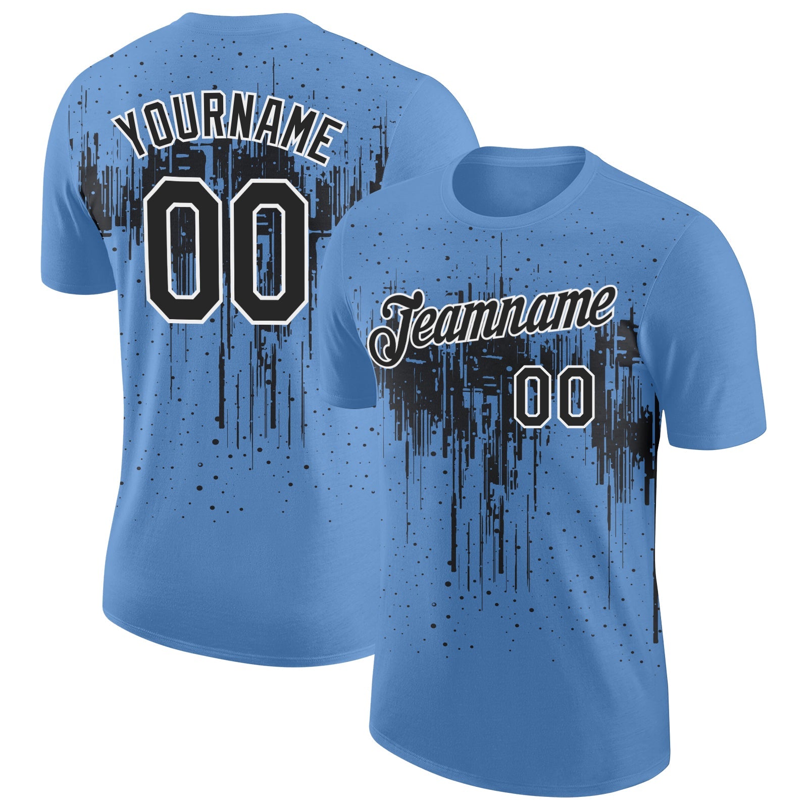 Custom Light Blue Black-White Dripping Splatter Paint Performance T-Shirt - Main View