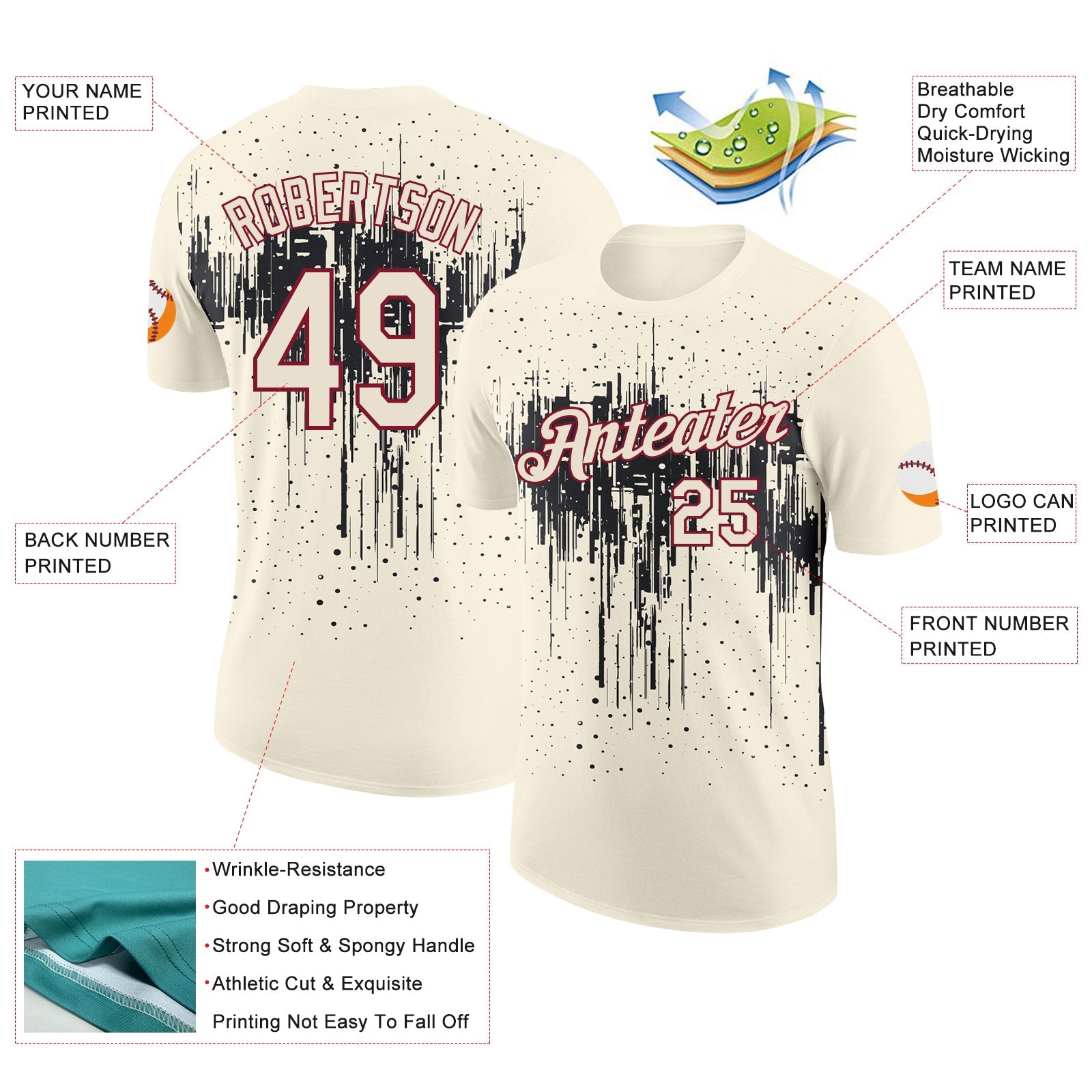Custom Cream Black-Crimson Dripping Splatter Paint Performance T-Shirt view 2