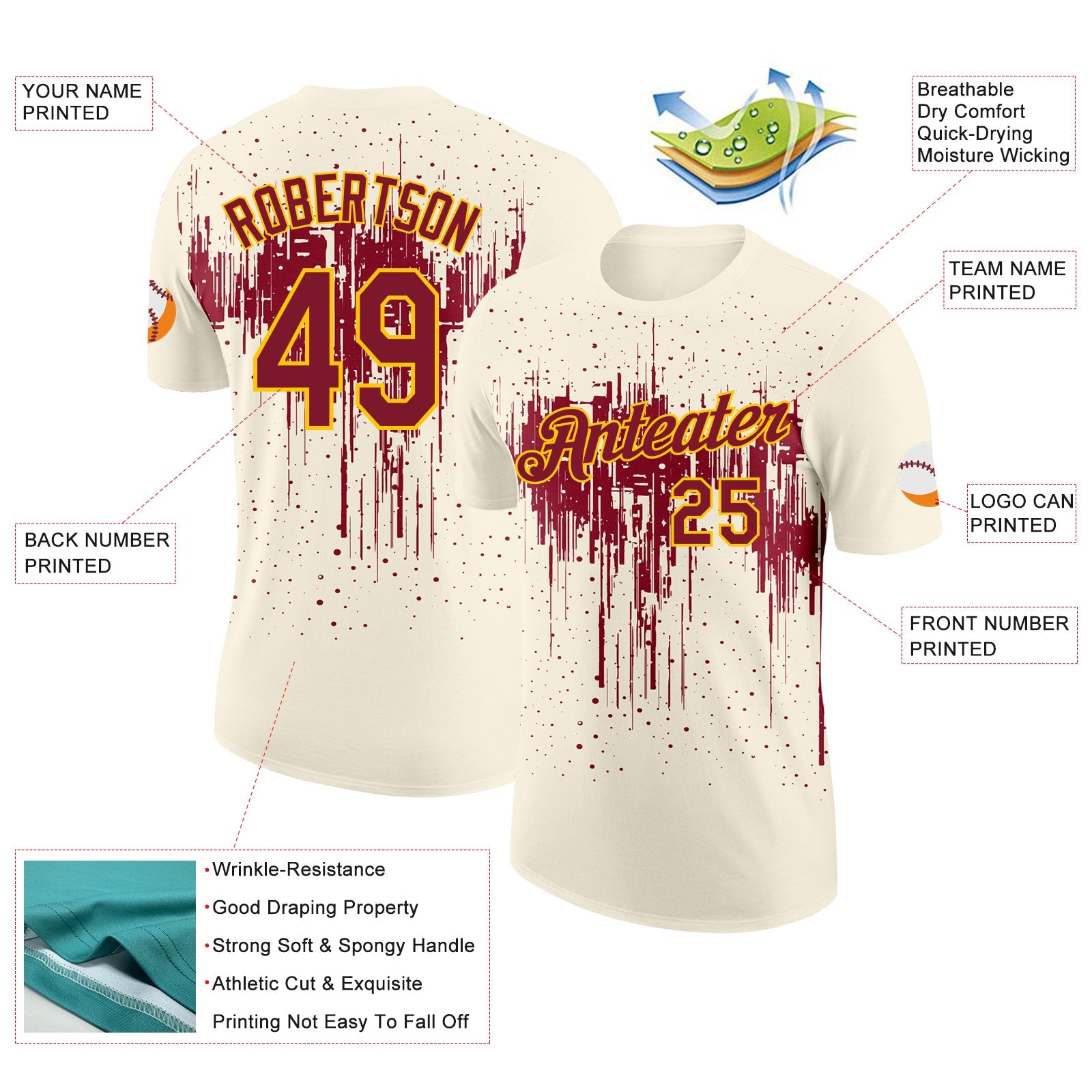 Custom Cream Crimson-Yellow Dripping Splatter Paint Performance T-Shirt view 2