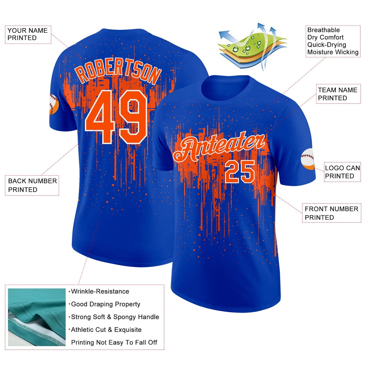 Custom Thunder Blue Orange-White Dripping Splatter Paint Performance T-Shirt view 2