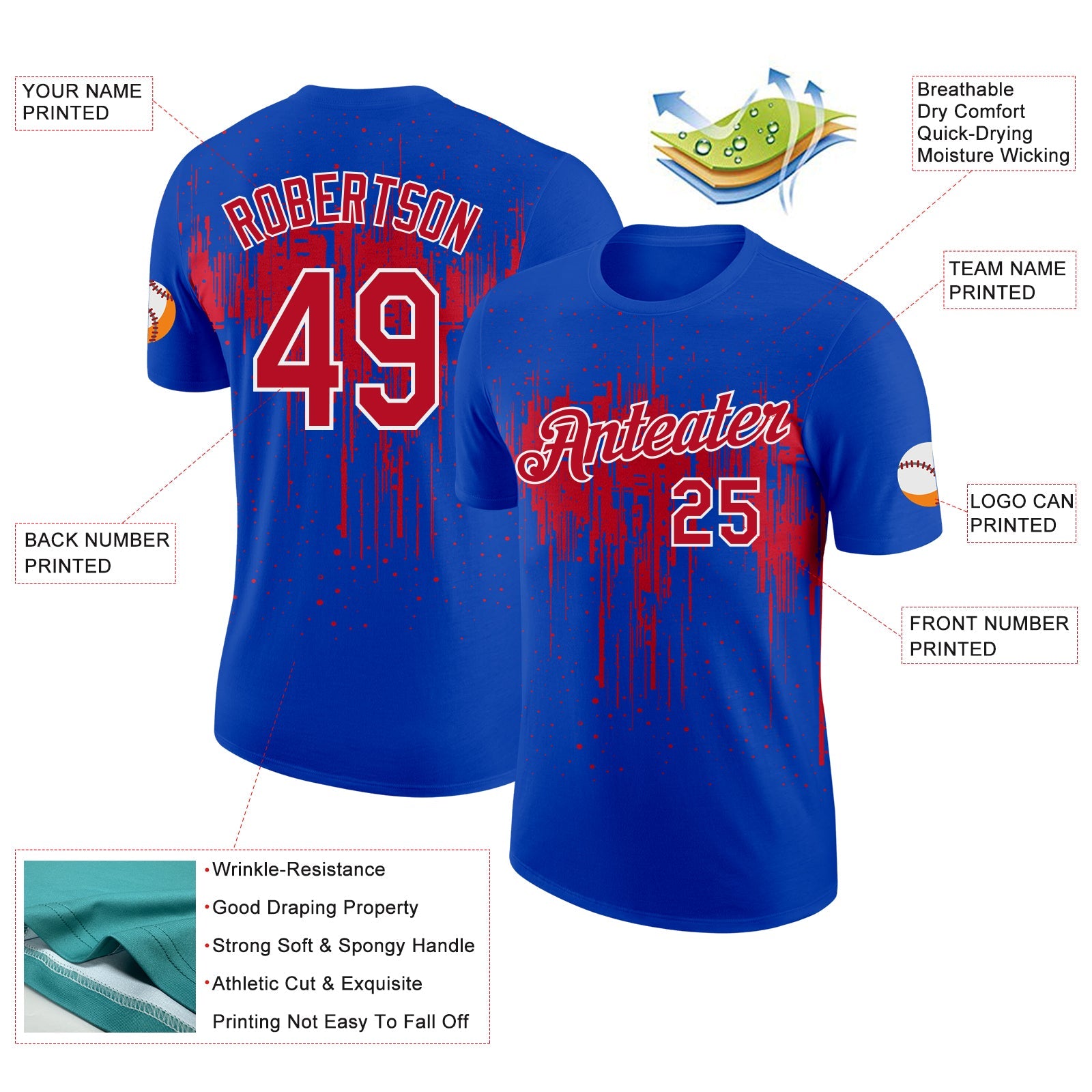 Custom Thunder Blue Red-White Dripping Splatter Paint Performance T-Shirt view 2