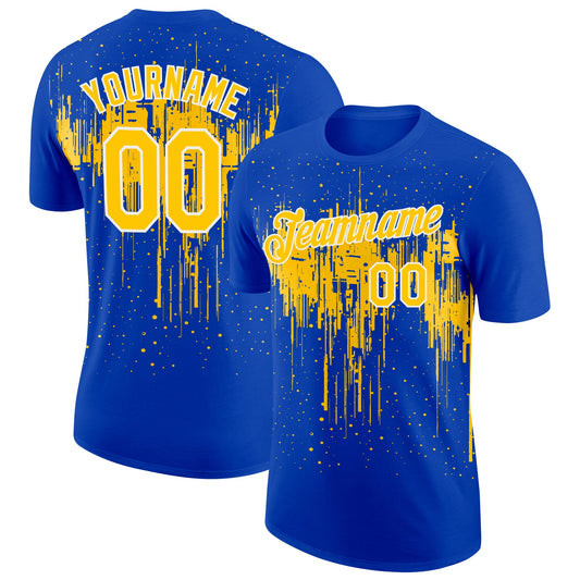 Custom Thunder Blue Yellow-White Dripping Splatter Paint Performance T-Shirt - Main View