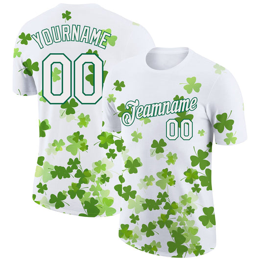 Custom White Kelly Green 3D Pattern Design St. Patrick's Day Performance T-Shirt - Main View