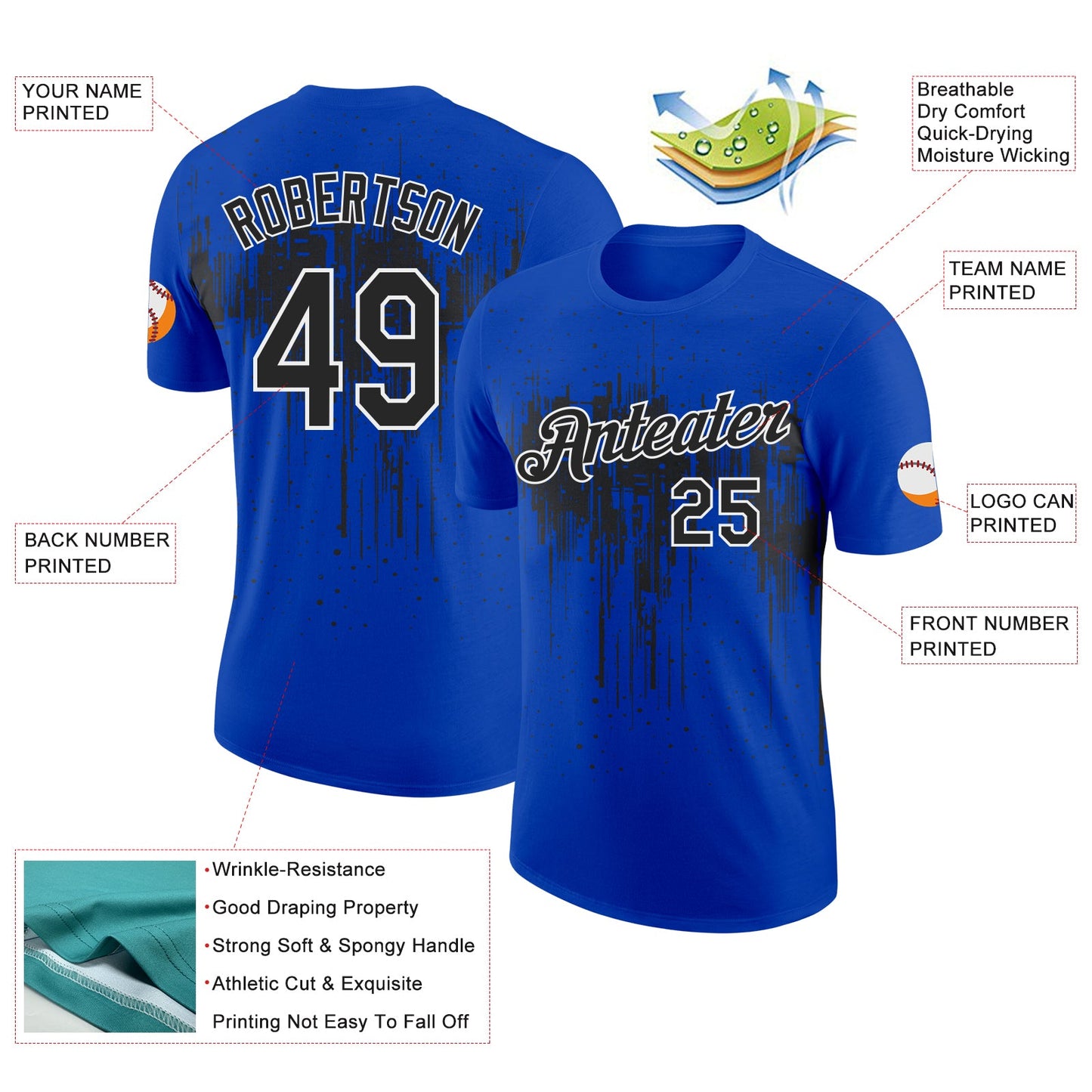 Custom Thunder Blue Black-White Dripping Splatter Paint Performance T-Shirt view 2
