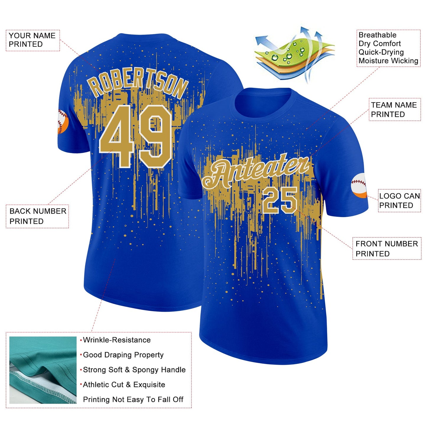 Custom Thunder Blue Old Gold-White Dripping Splatter Paint Performance T-Shirt view 2