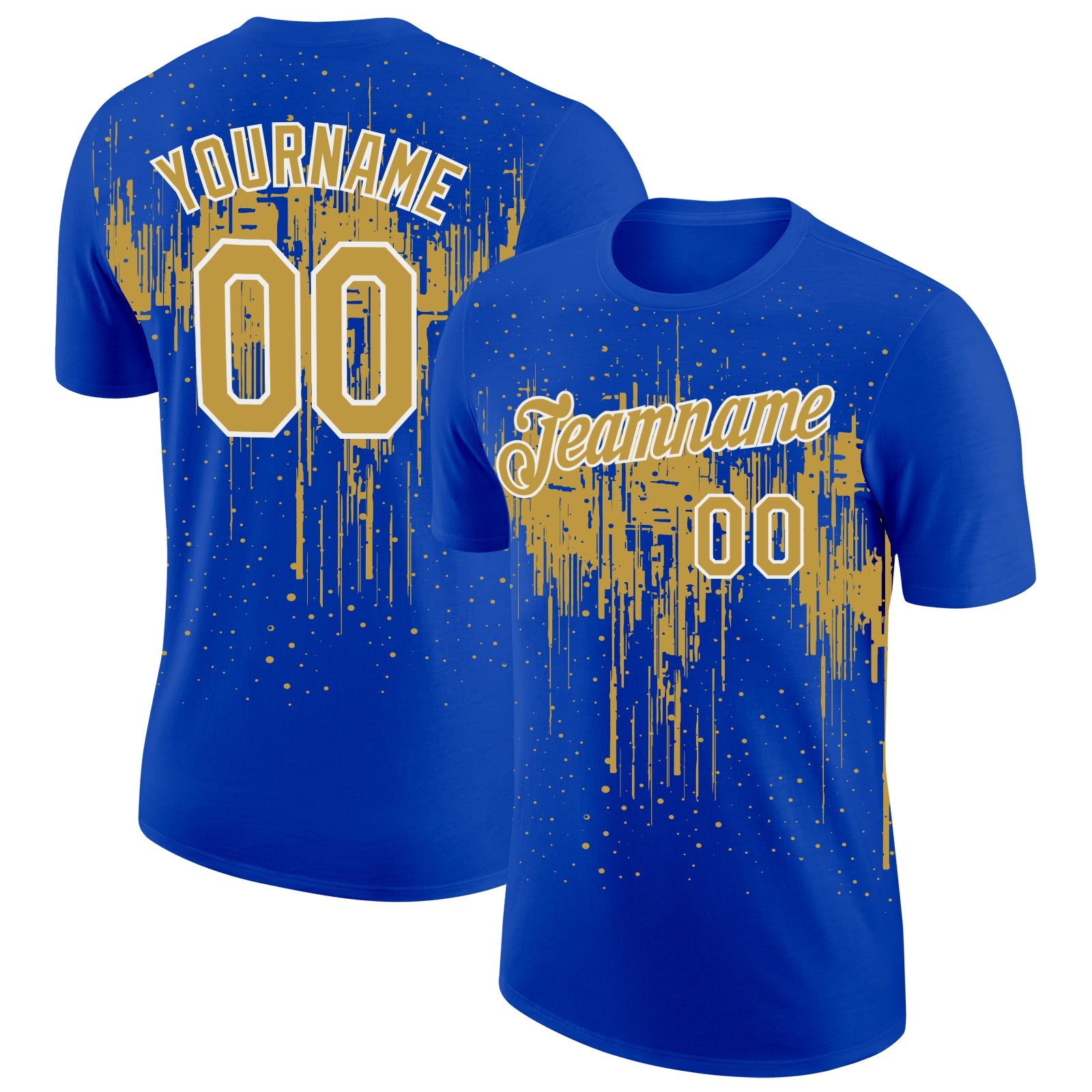 Custom Thunder Blue Old Gold-White Dripping Splatter Paint Performance T-Shirt - Main View