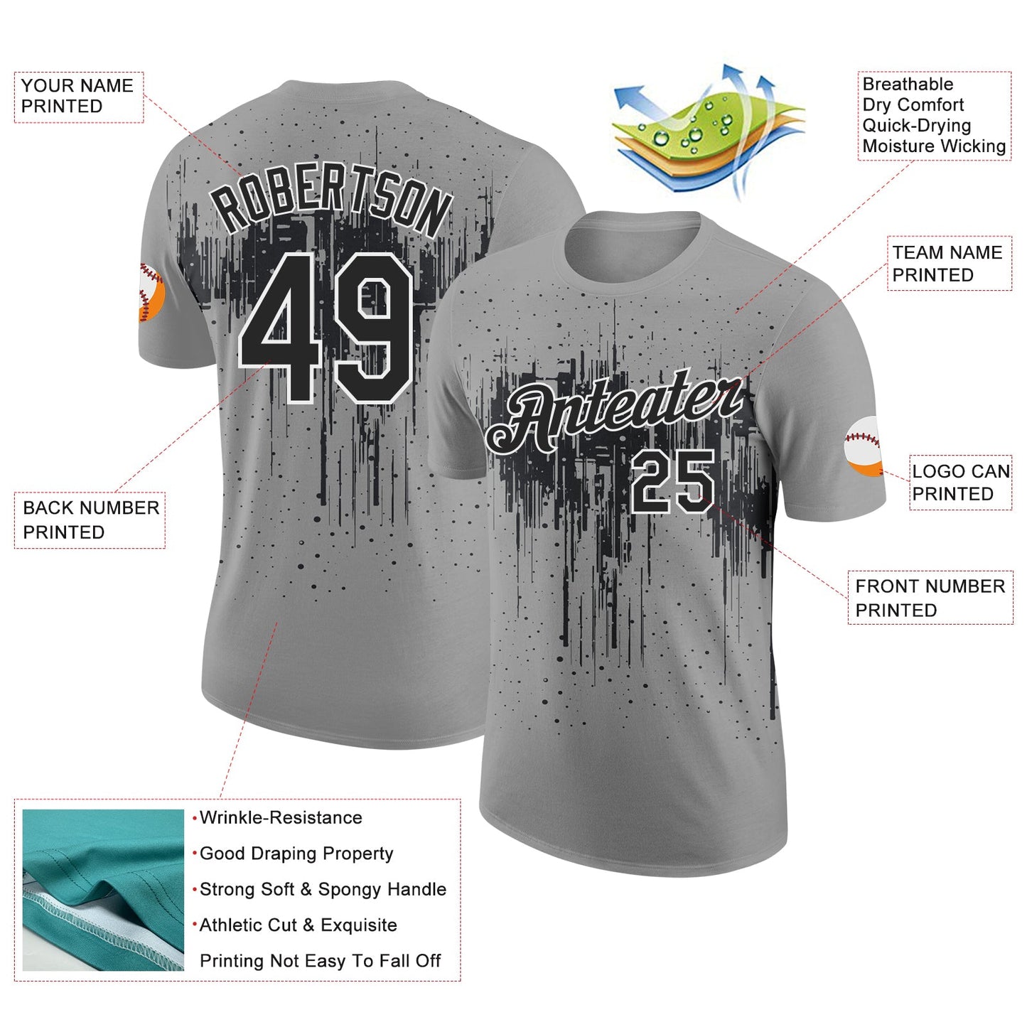 Custom Gray Black-White Dripping Splatter Paint Performance T-Shirt view 2