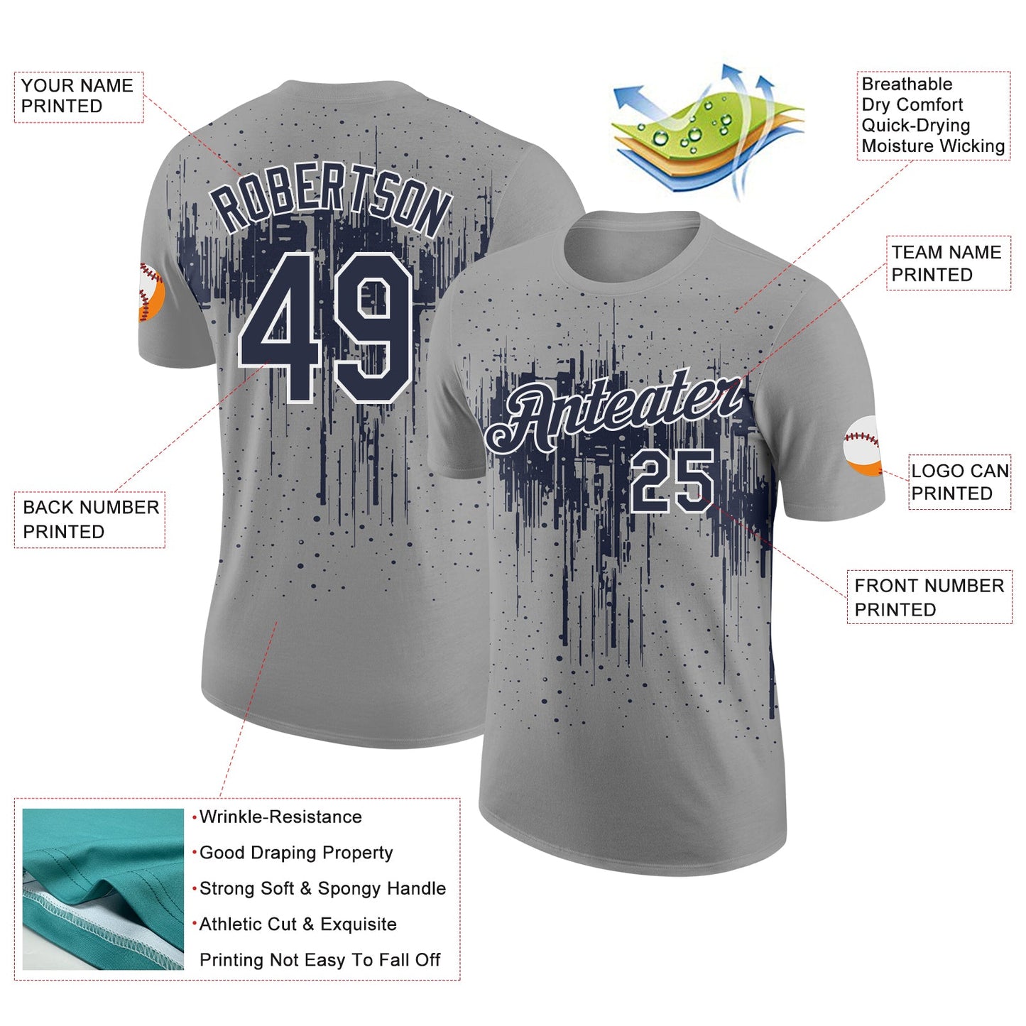 Custom Gray Navy-White Dripping Splatter Paint Performance T-Shirt view 2