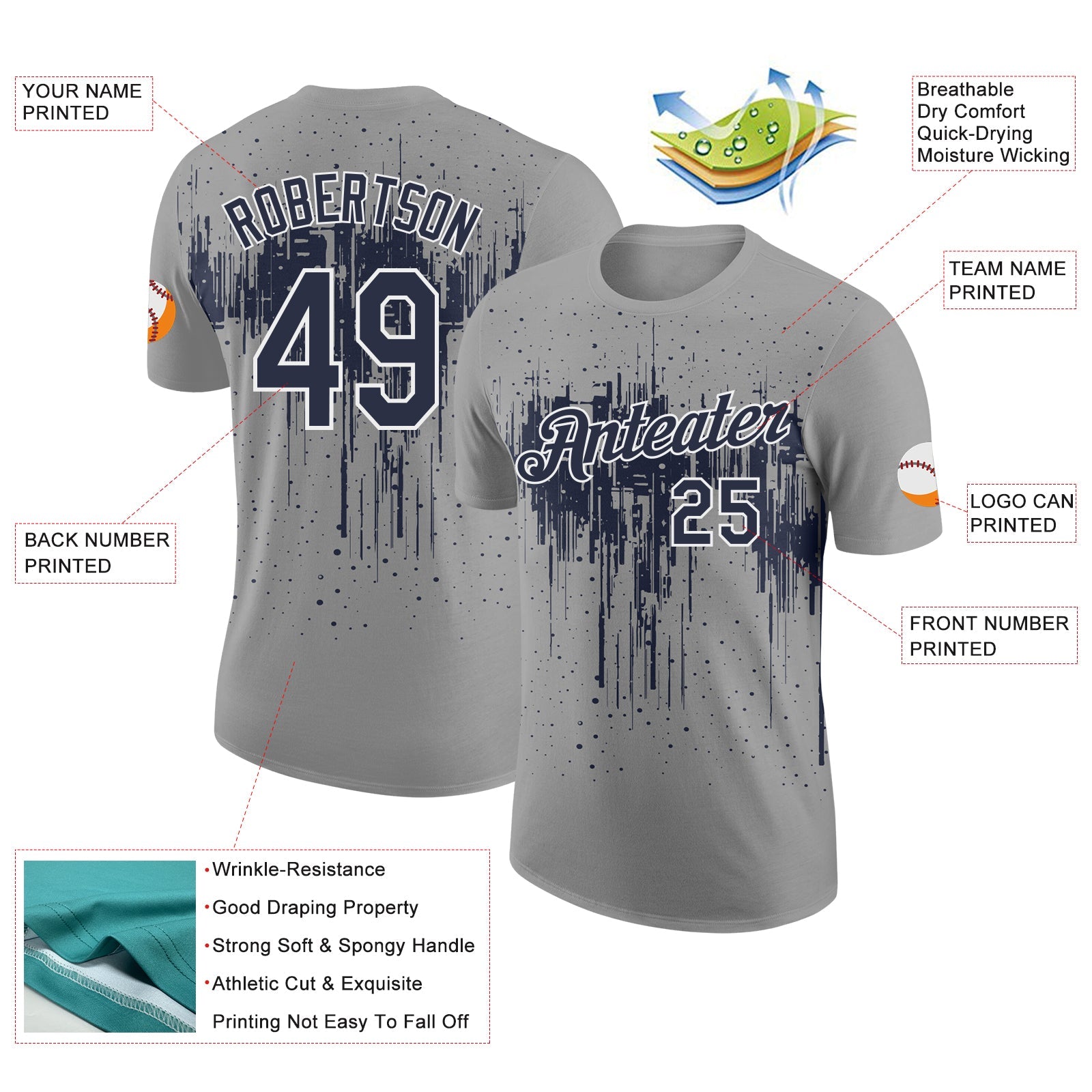 Custom Gray Navy-White Dripping Splatter Paint Performance T-Shirt view 2