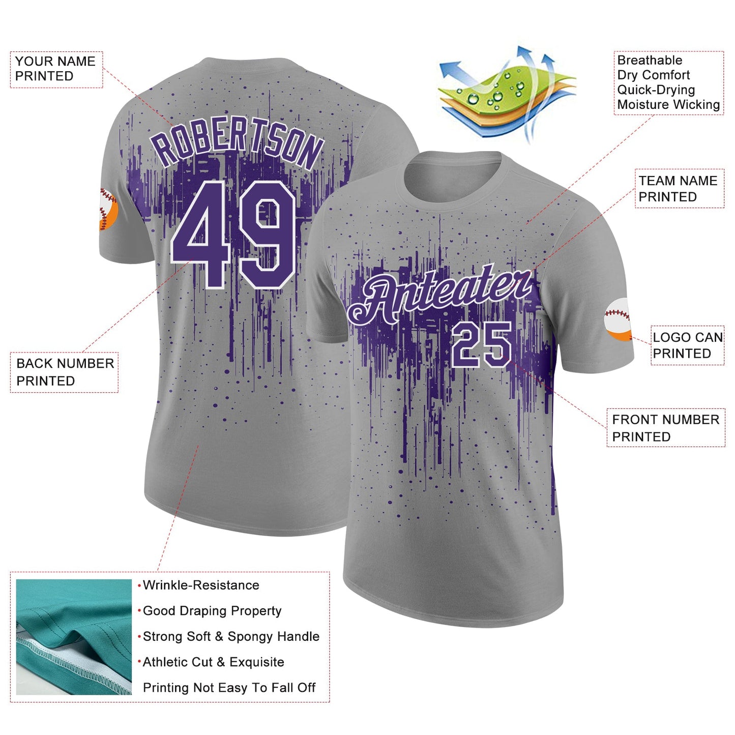 Custom Gray Purple-White Dripping Splatter Paint Performance T-Shirt view 2