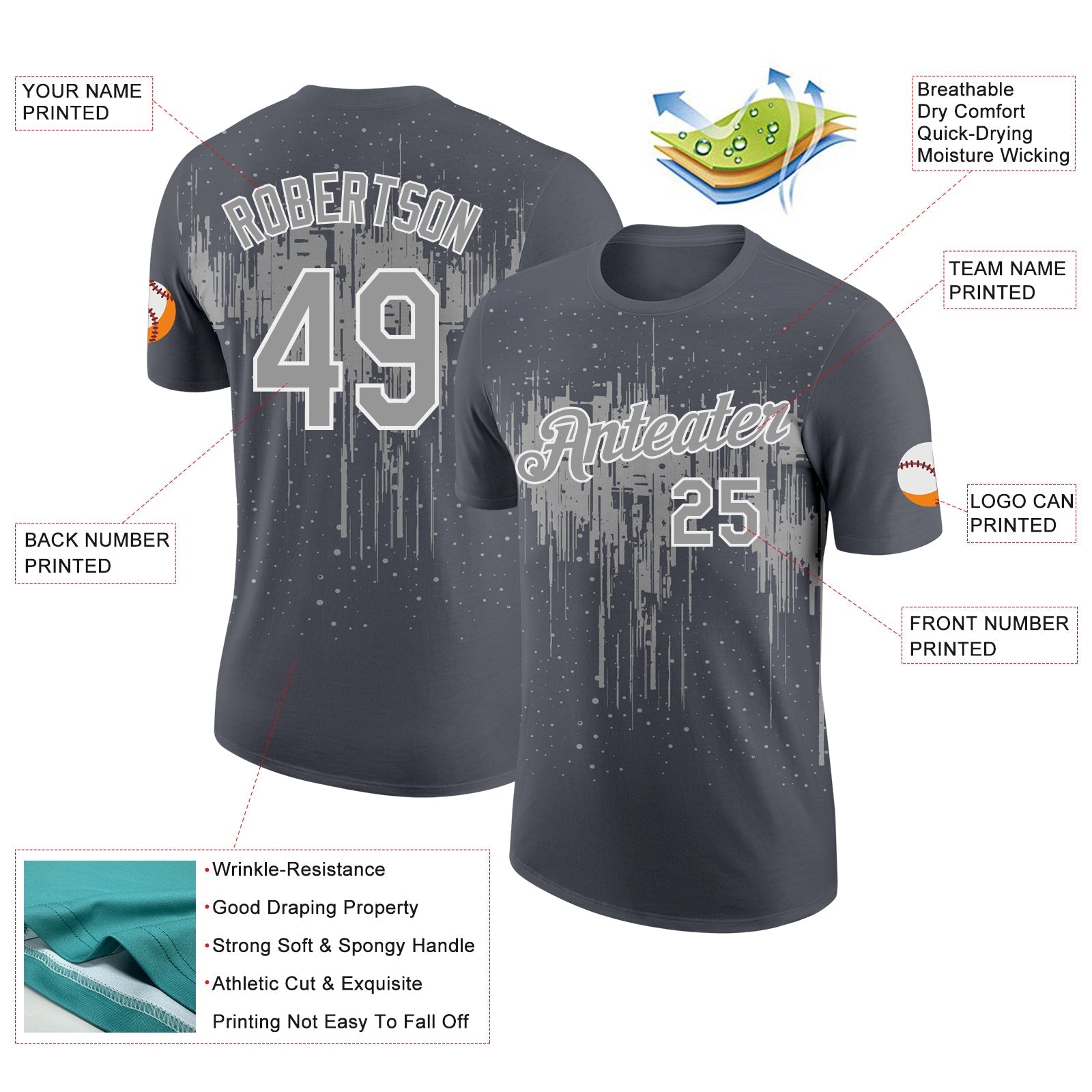 Custom Steel Gray Gray-White Dripping Splatter Paint Performance T-Shirt view 2