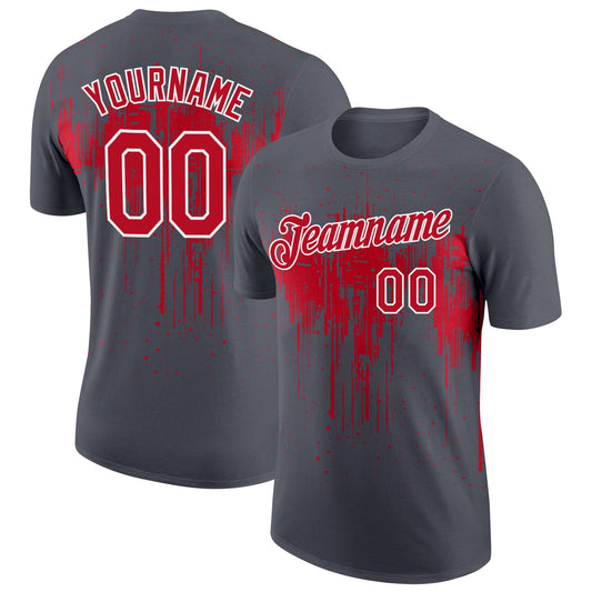 Custom Steel Gray Red-White Dripping Splatter Paint Performance T-Shirt - Main View