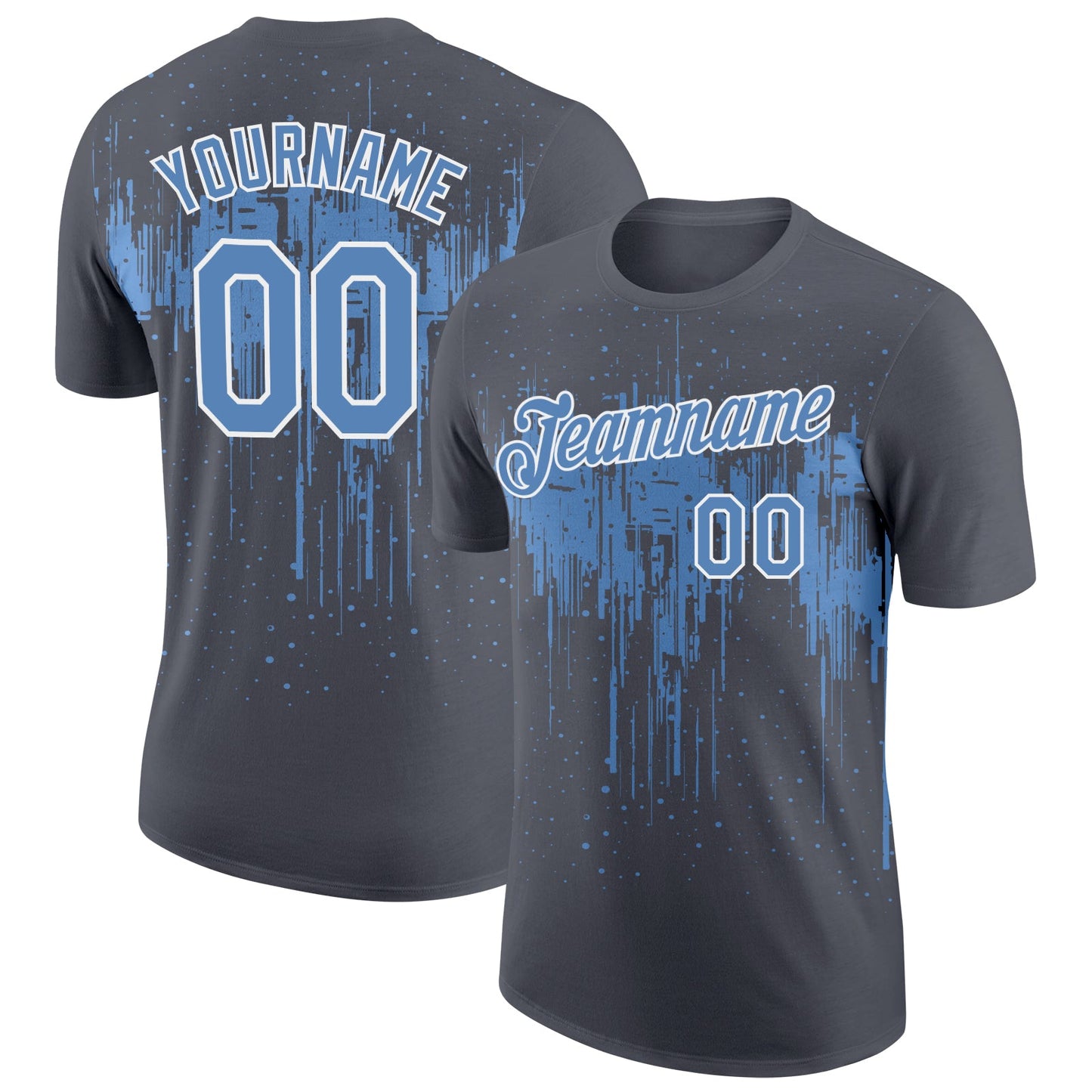 Custom Steel Gray Light Blue-White Dripping Splatter Paint Performance T-Shirt - Main View