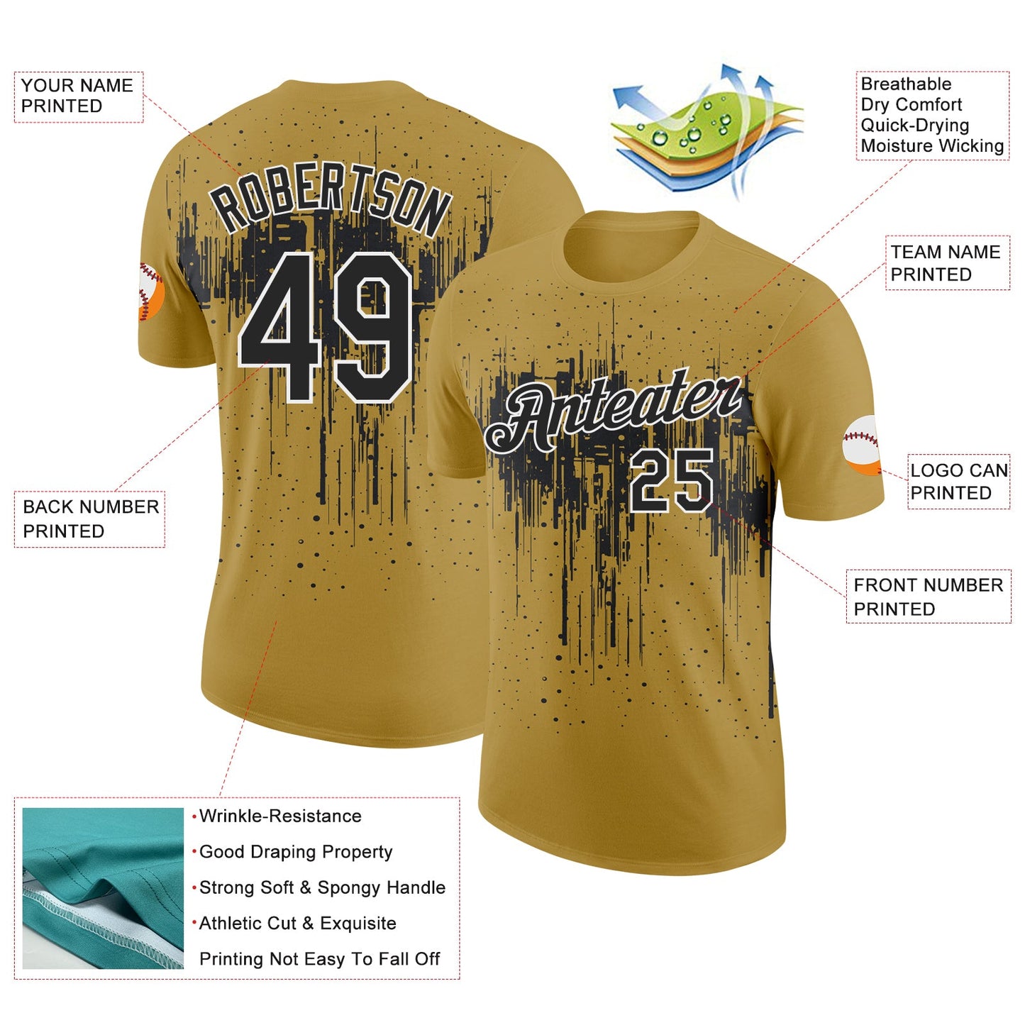 Custom Old Gold Black-White Dripping Splatter Paint Performance T-Shirt view 2