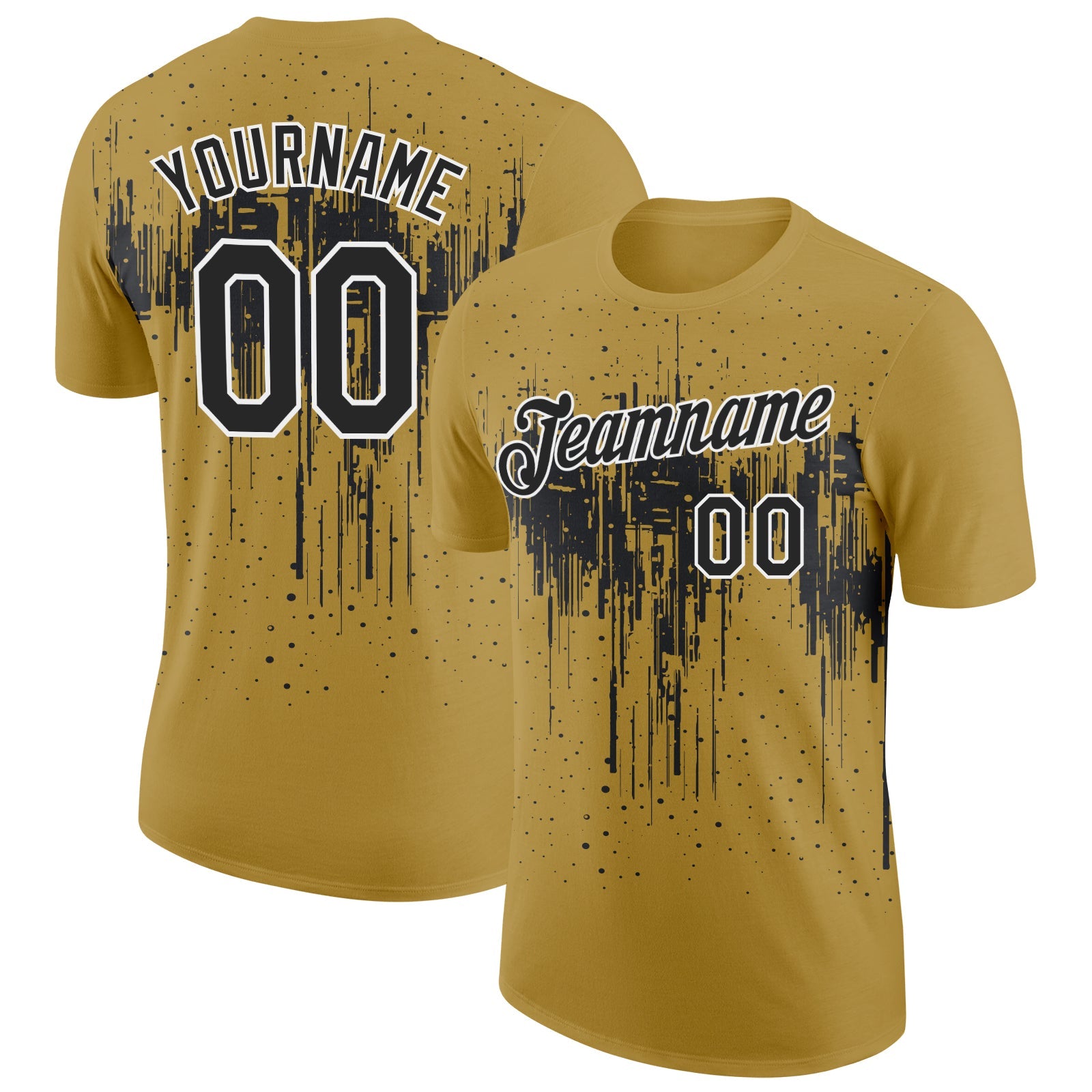 Custom Old Gold Black-White Dripping Splatter Paint Performance T-Shirt - Main View