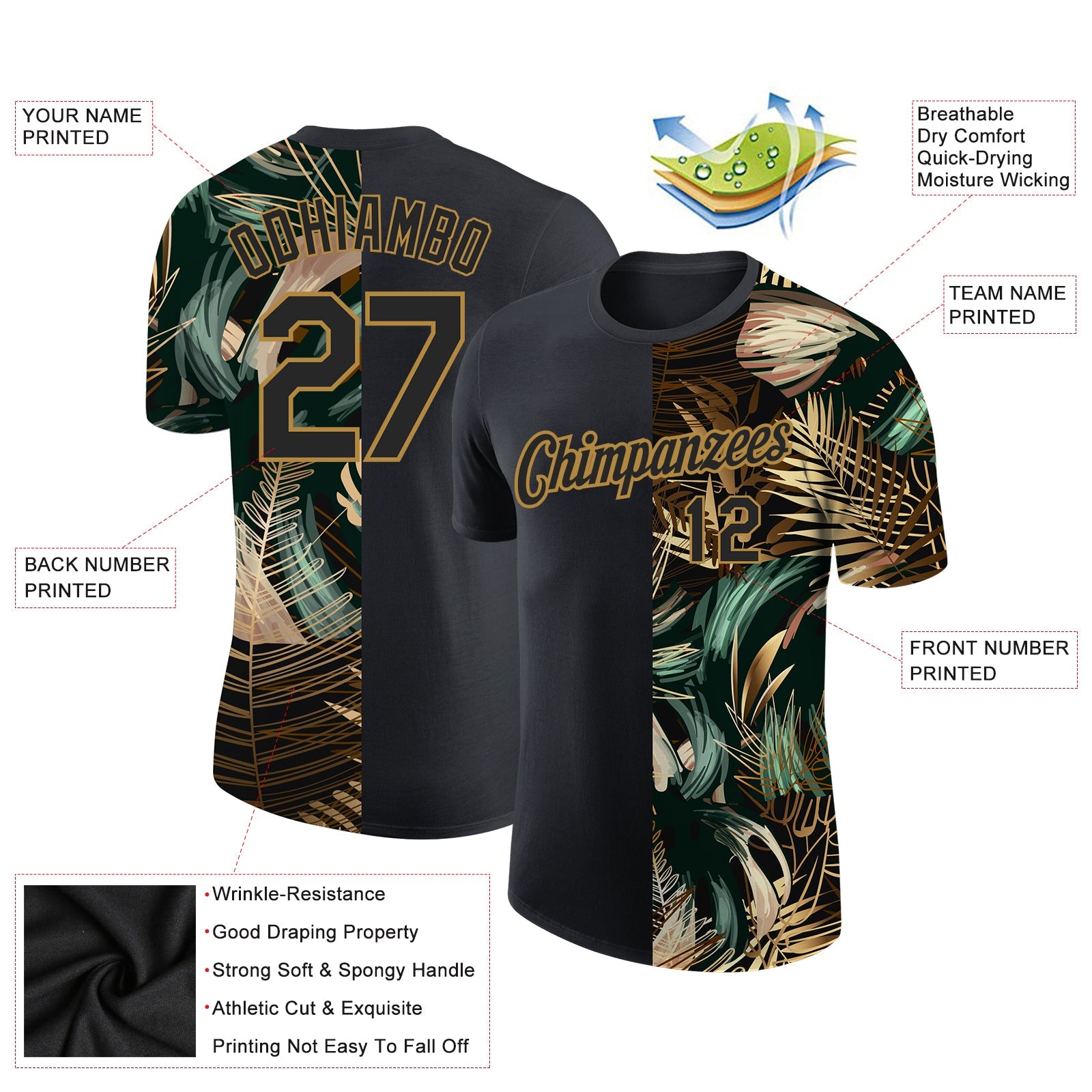 Custom Black Old Gold 3D Pattern Design Golden And Green Tropical Leaves In The Style Of Jungle And Hawaii Performance T-Shirt view 2