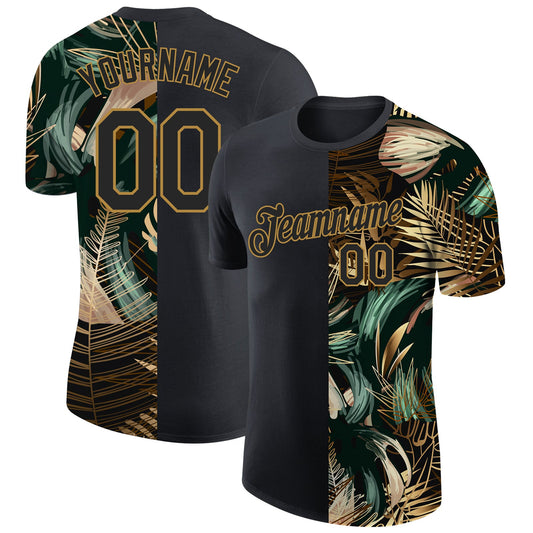 Custom Black Old Gold 3D Pattern Design Golden And Green Tropical Leaves In The Style Of Jungle And Hawaii Performance T-Shirt - Main View