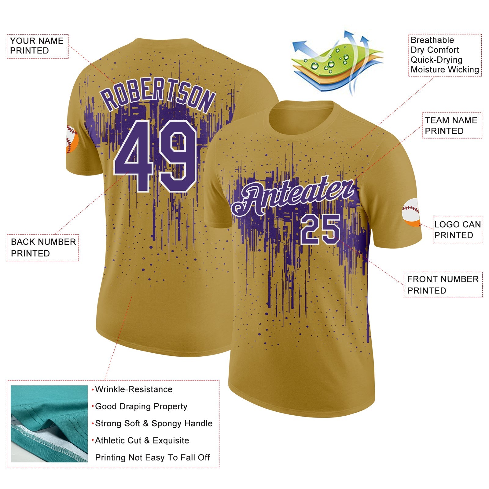 Custom Old Gold Purple-White Dripping Splatter Paint Performance T-Shirt view 2
