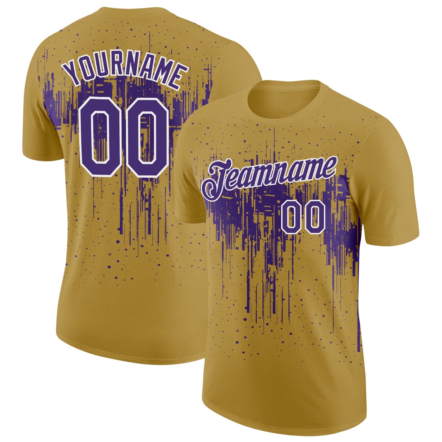 Custom Old Gold Purple-White Dripping Splatter Paint Performance T-Shirt - Main View