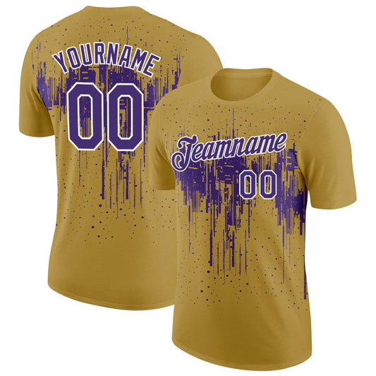 Custom Old Gold Purple-White Dripping Splatter Paint Performance T-Shirt - Main View
