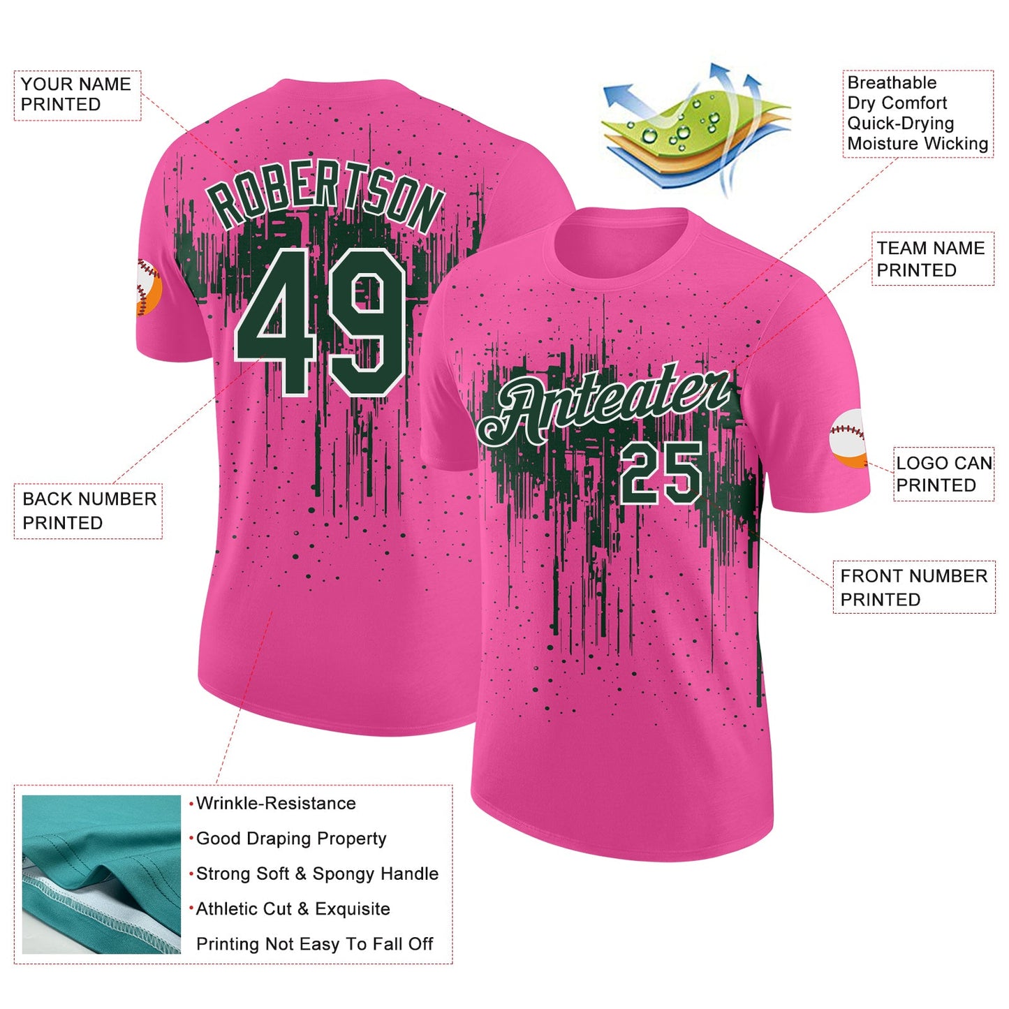 Custom Pink Green-White Dripping Splatter Paint Performance T-Shirt view 2