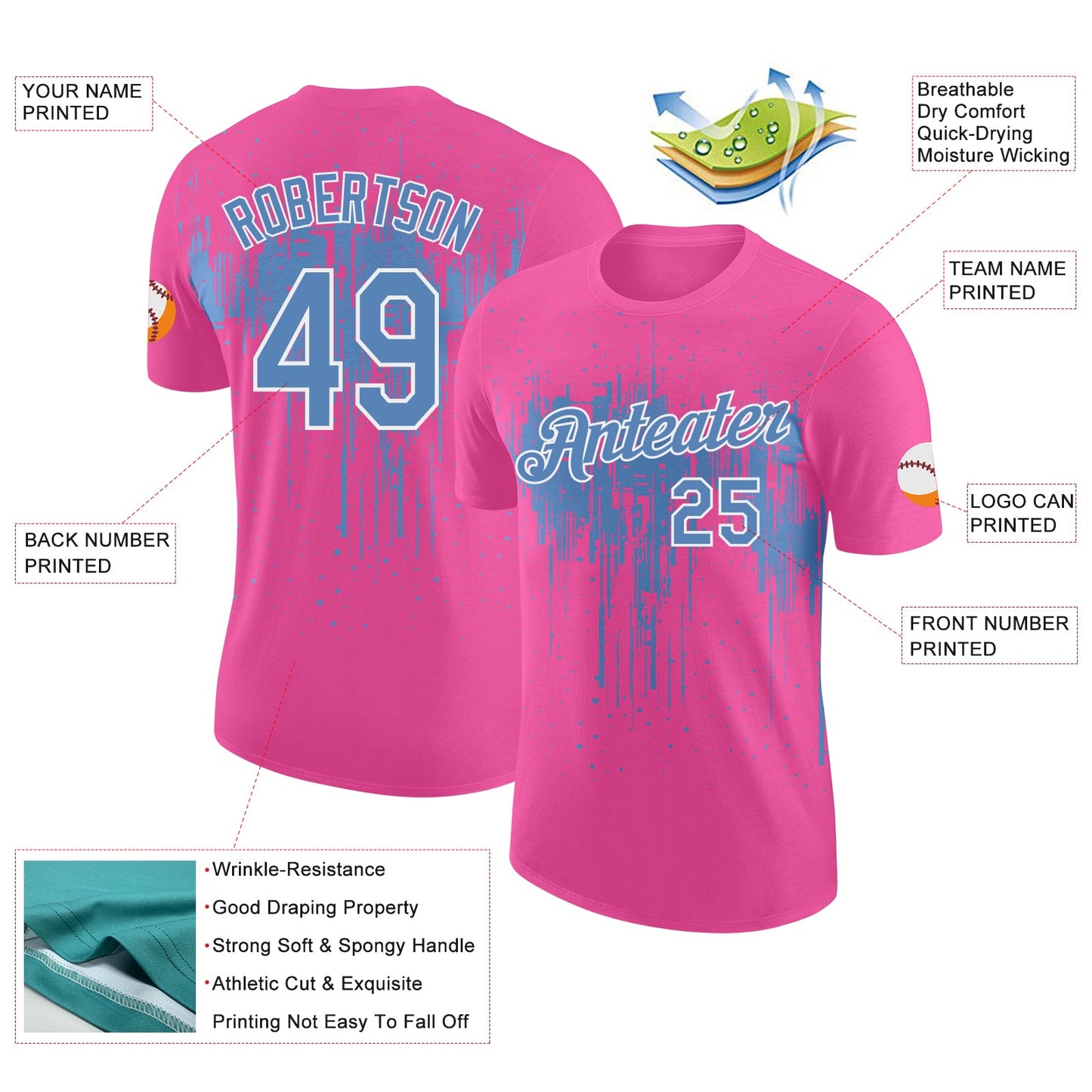 Custom Pink Light Blue-White Dripping Splatter Paint Performance T-Shirt view 2