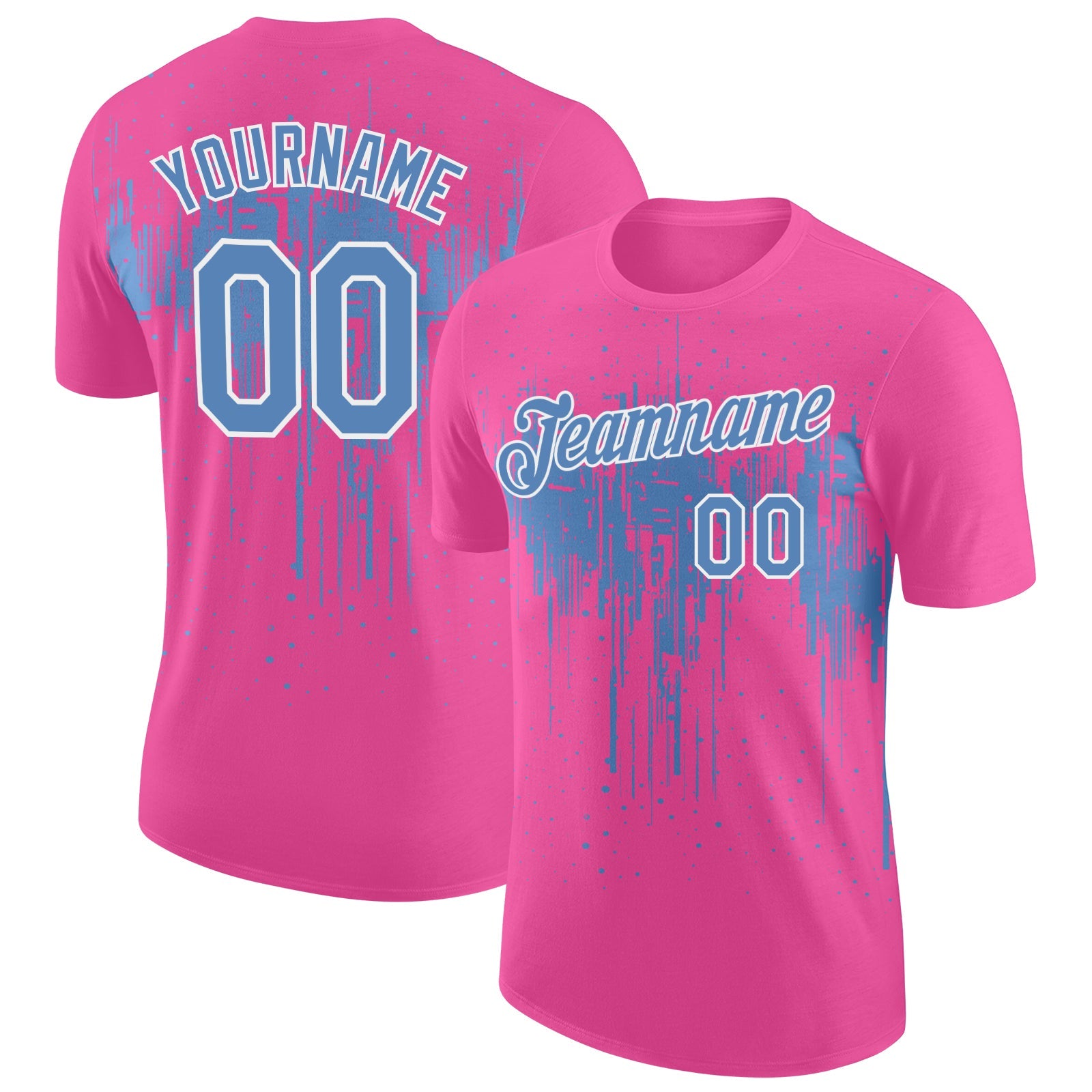Custom Pink Light Blue-White Dripping Splatter Paint Performance T-Shirt - Main View