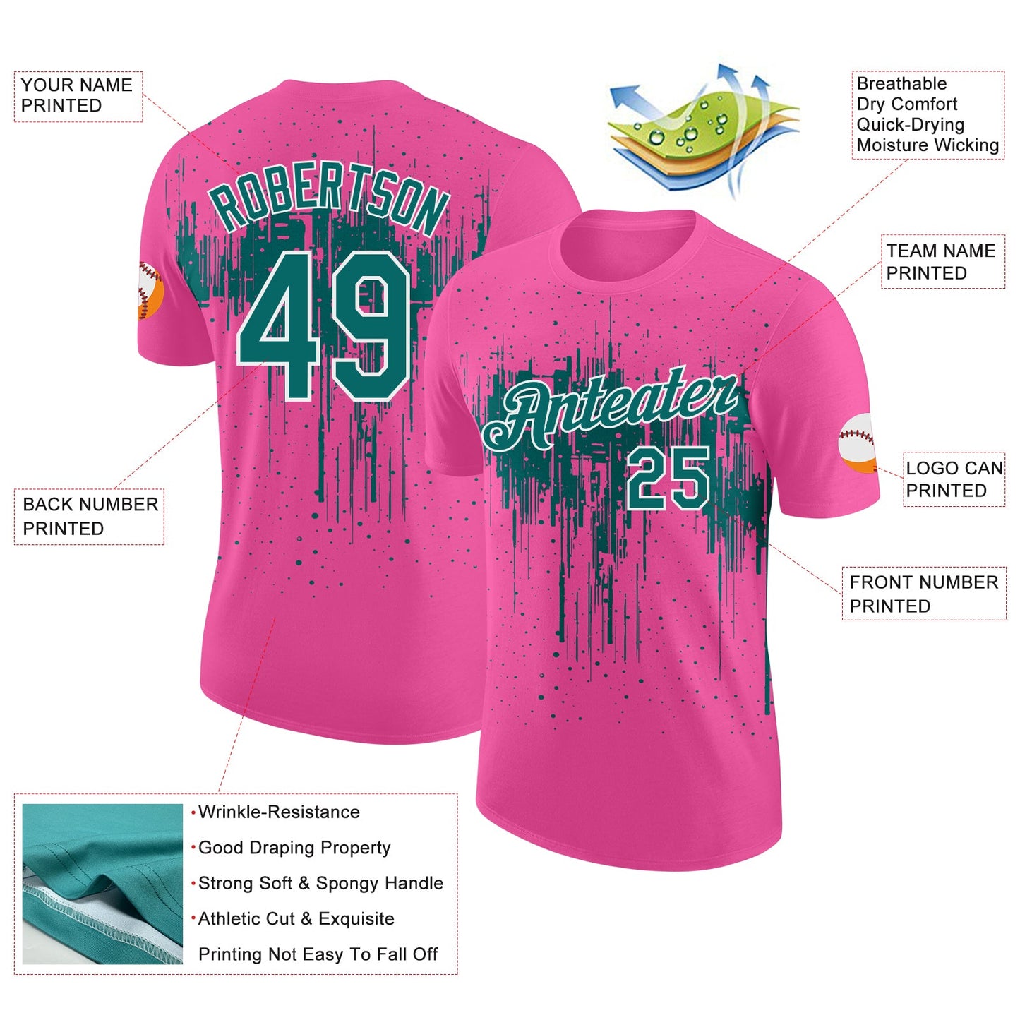 Custom Pink Teal-White Dripping Splatter Paint Performance T-Shirt view 2