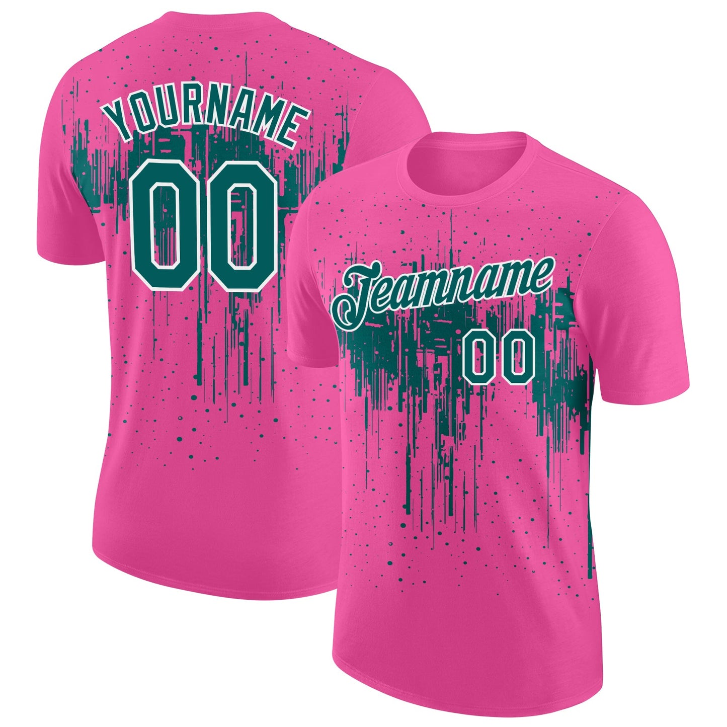 Custom Pink Teal-White Dripping Splatter Paint Performance T-Shirt - Main View
