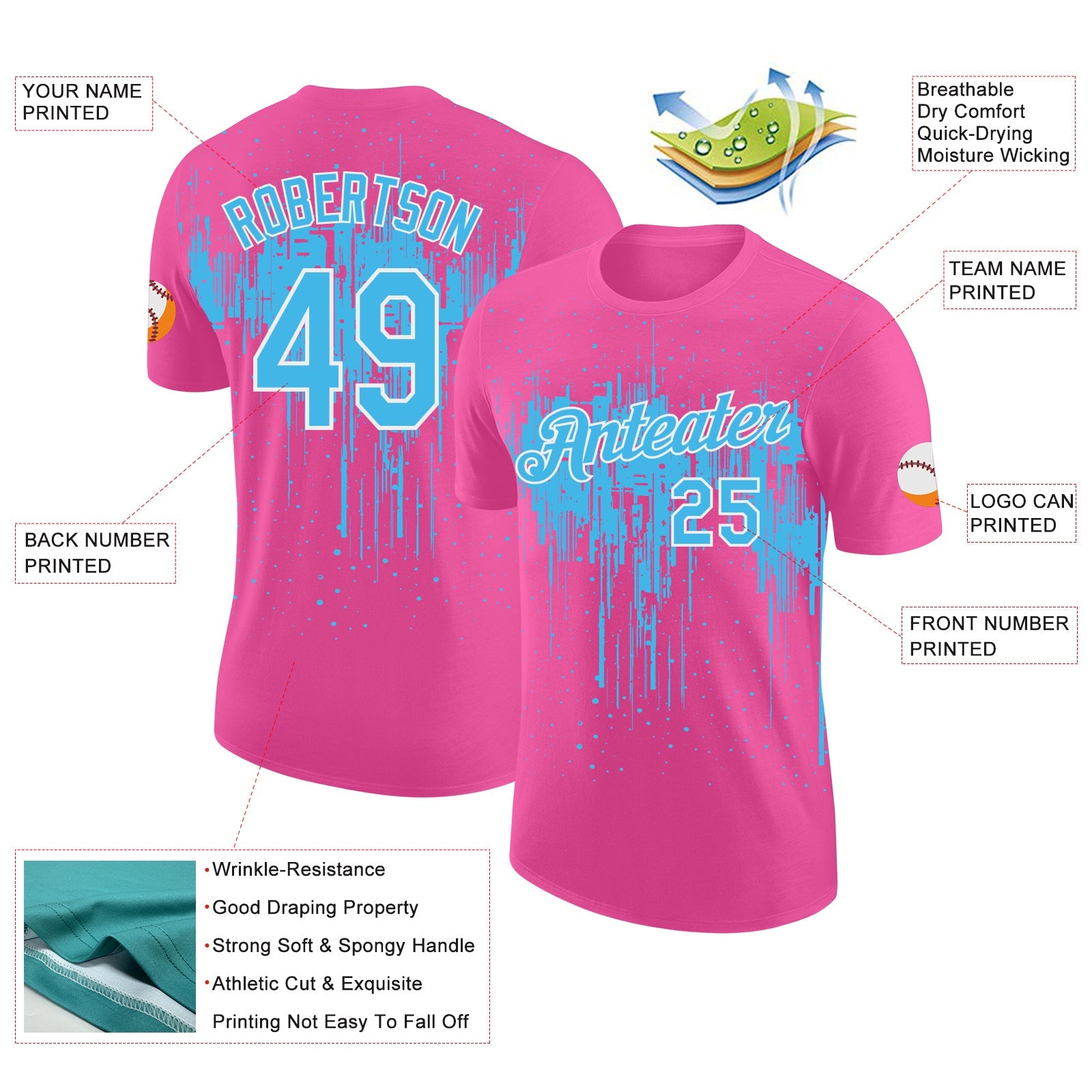 Custom Pink Sky Blue-White Dripping Splatter Paint Performance T-Shirt view 2