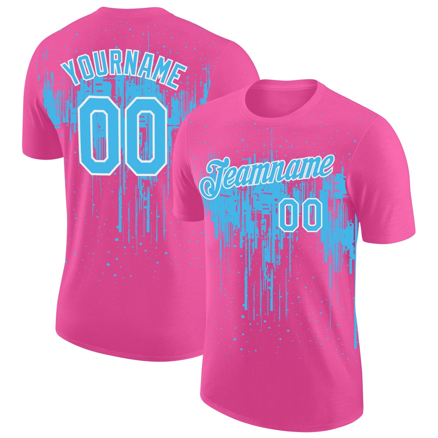 Custom Pink Sky Blue-White Dripping Splatter Paint Performance T-Shirt - Main View