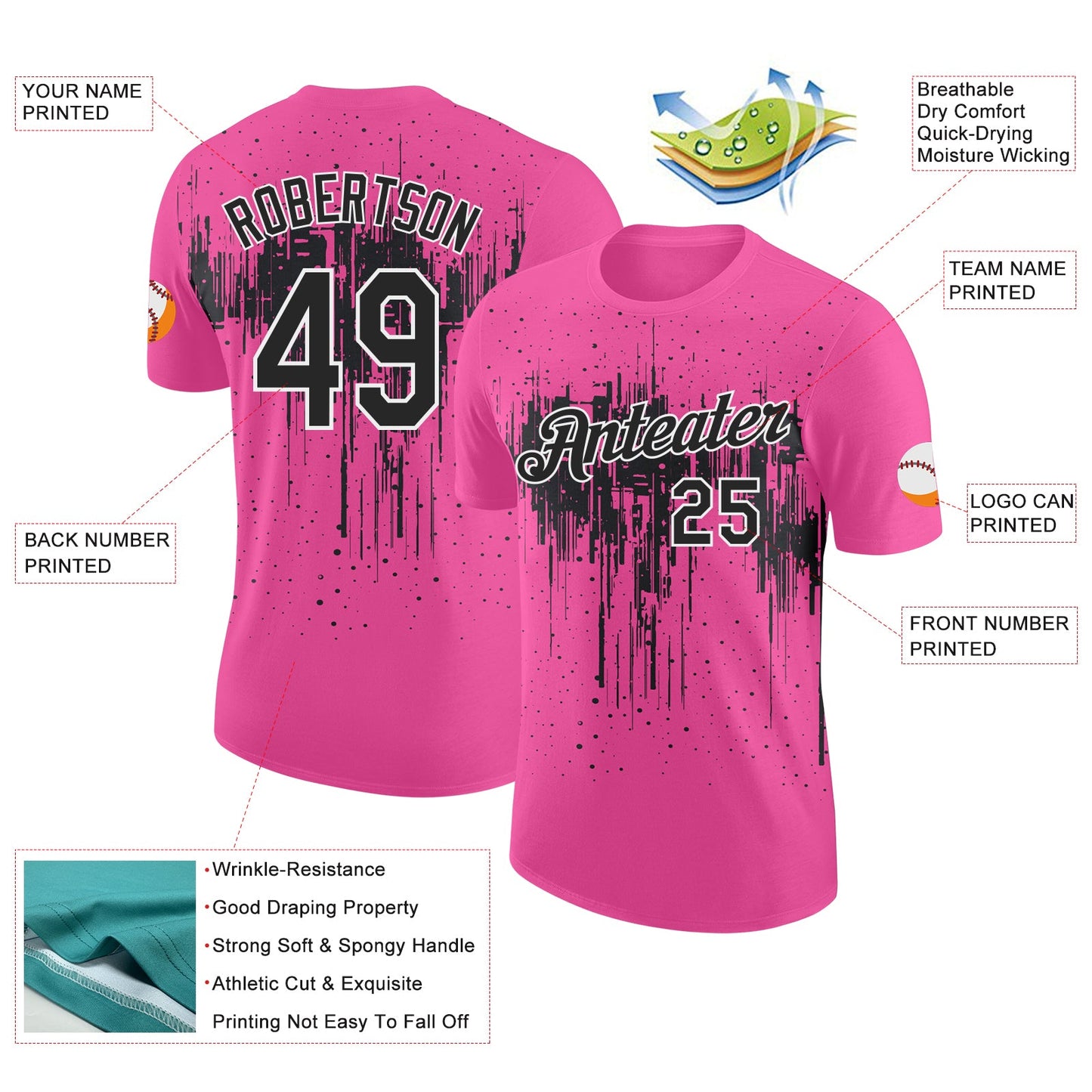 Custom Pink Black-White Dripping Splatter Paint Performance T-Shirt view 2