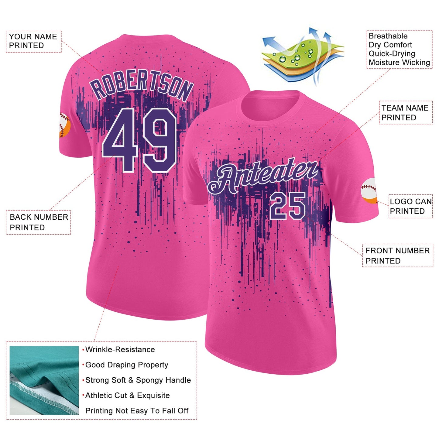 Custom Pink Purple-White Dripping Splatter Paint Performance T-Shirt view 2