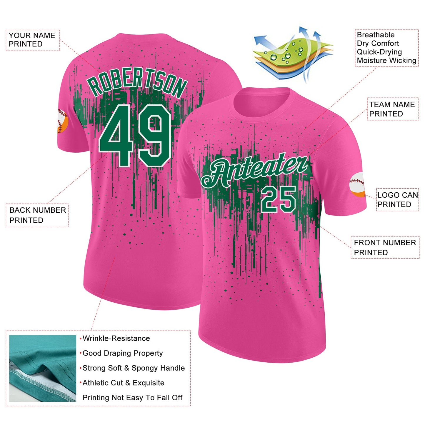 Custom Pink Kelly Green-White Dripping Splatter Paint Performance T-Shirt view 2
