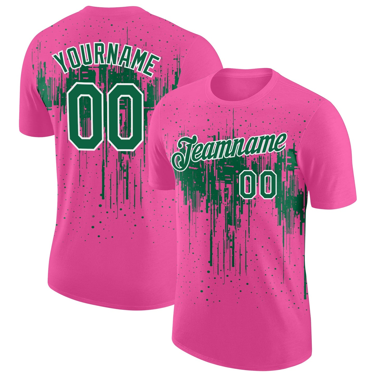 Custom Pink Kelly Green-White Dripping Splatter Paint Performance T-Shirt - Main View