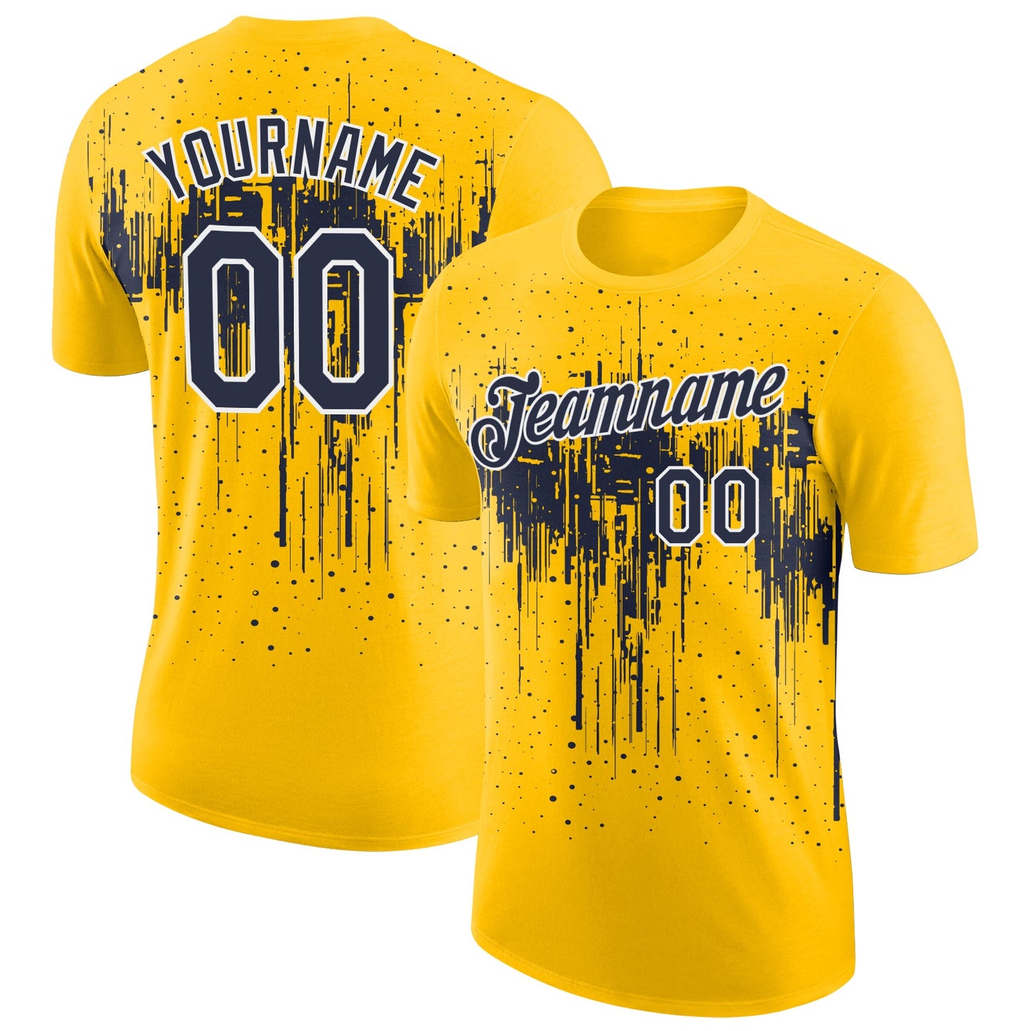 Custom Yellow Navy-White Dripping Splatter Paint Performance T-Shirt - Main View