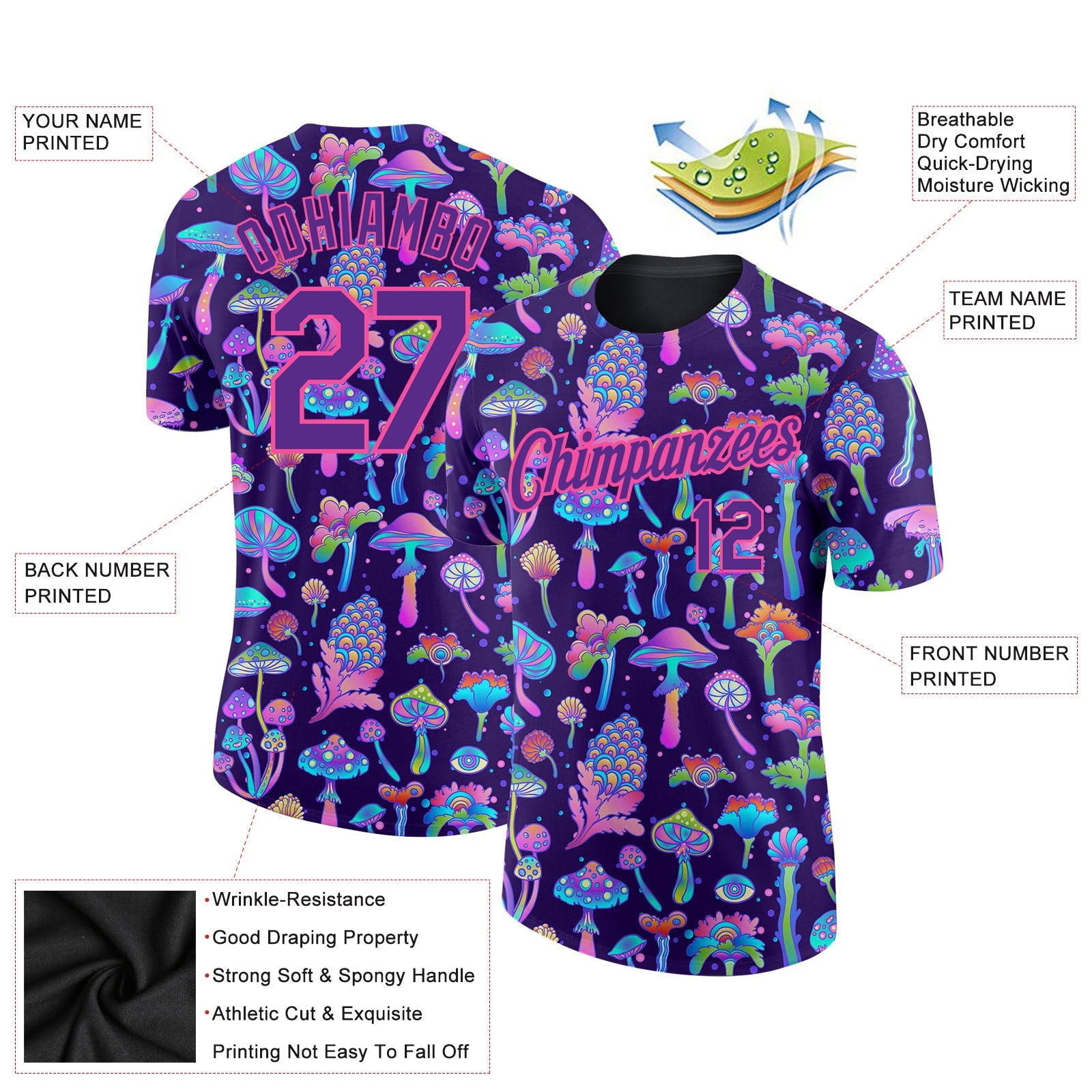 Custom Black Purple-Pink 3D Pattern Design Colorful Flowers And Mushrooms Psychedelic Hallucination Performance T-Shirt view 2