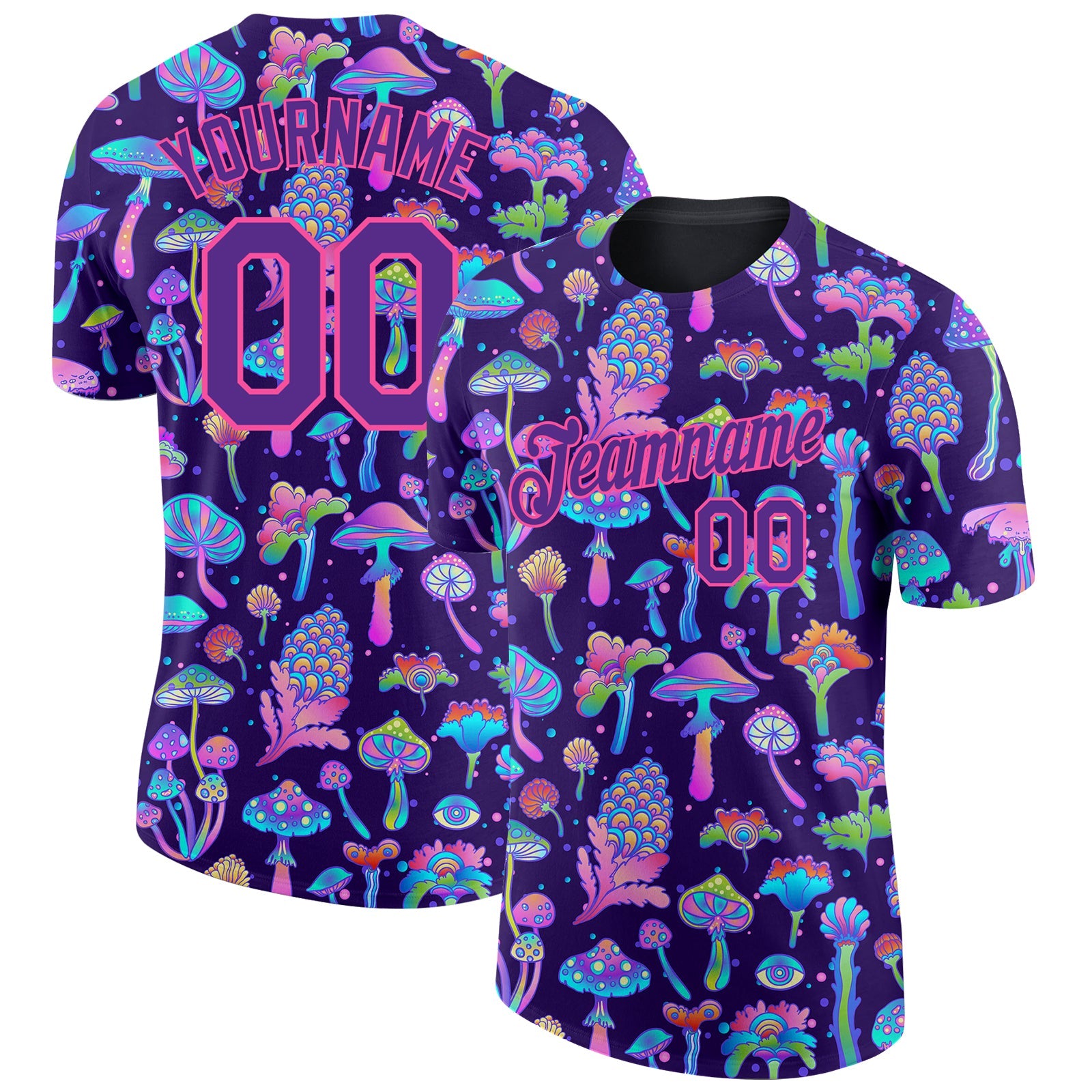 Custom Black Purple-Pink 3D Pattern Design Colorful Flowers And Mushrooms Psychedelic Hallucination Performance T-Shirt - Main View
