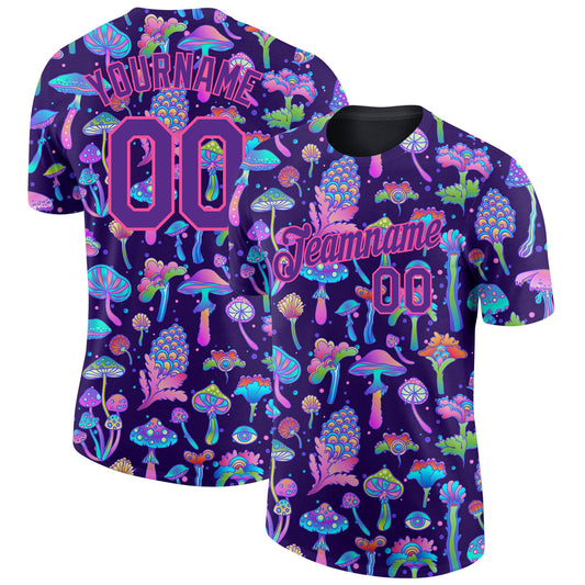 Custom Black Purple-Pink 3D Pattern Design Colorful Flowers And Mushrooms Psychedelic Hallucination Performance T-Shirt - Main View