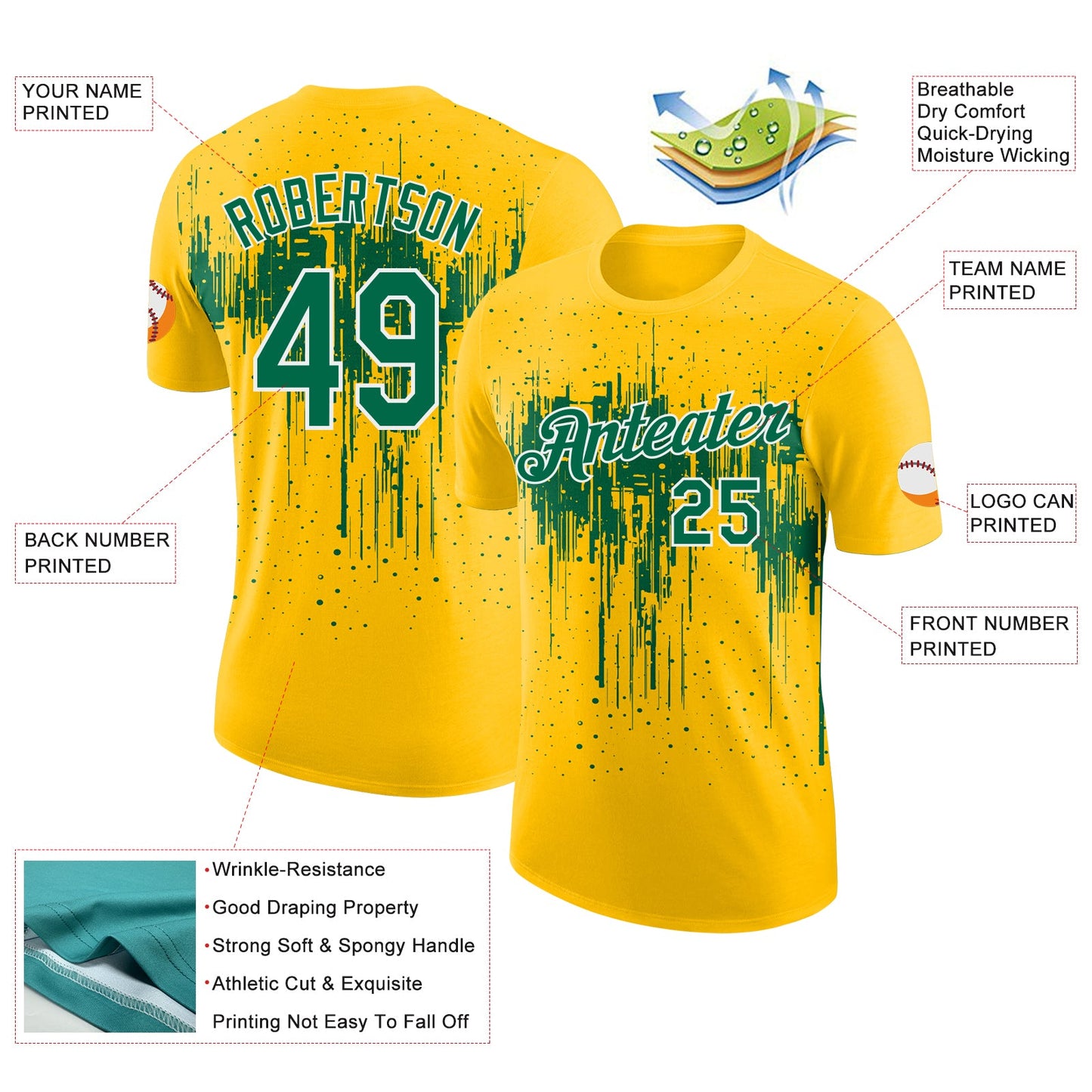 Custom Yellow Kelly Green-White Dripping Splatter Paint Performance T-Shirt view 2