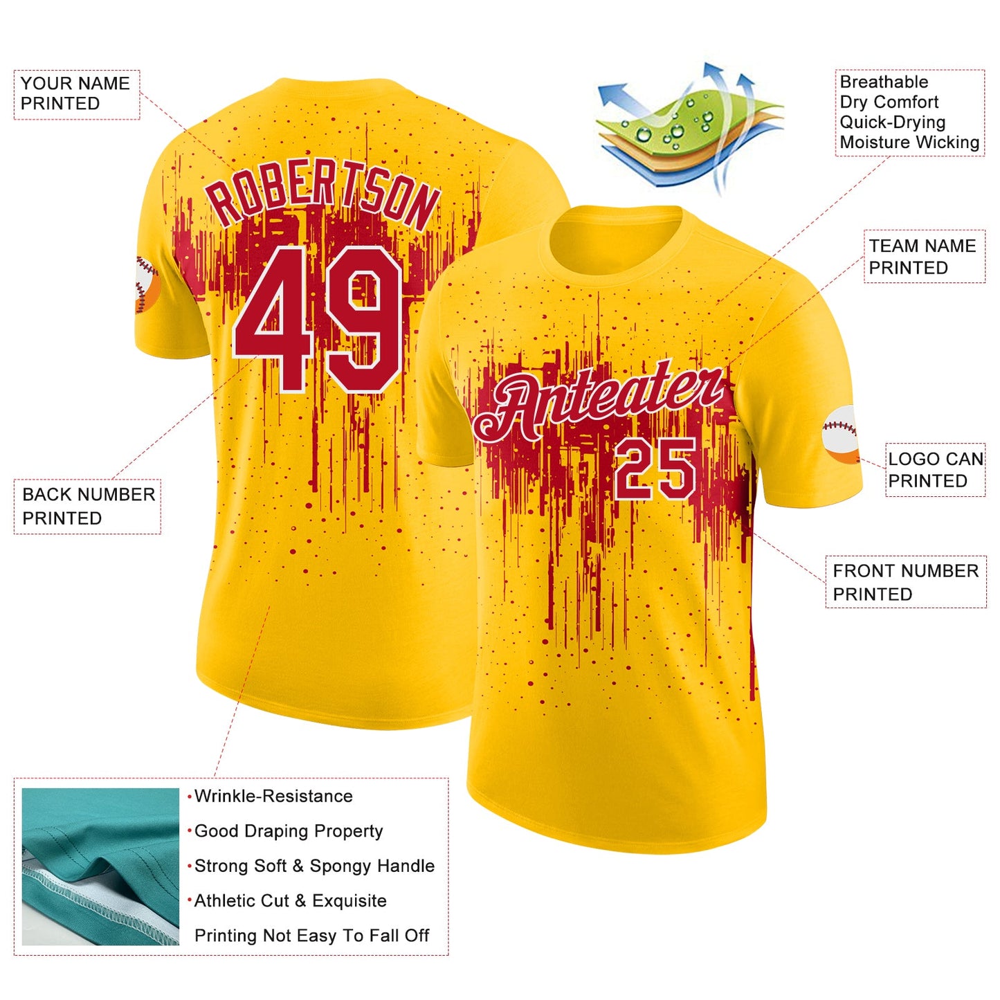 Custom Yellow Red-White Dripping Splatter Paint Performance T-Shirt view 2
