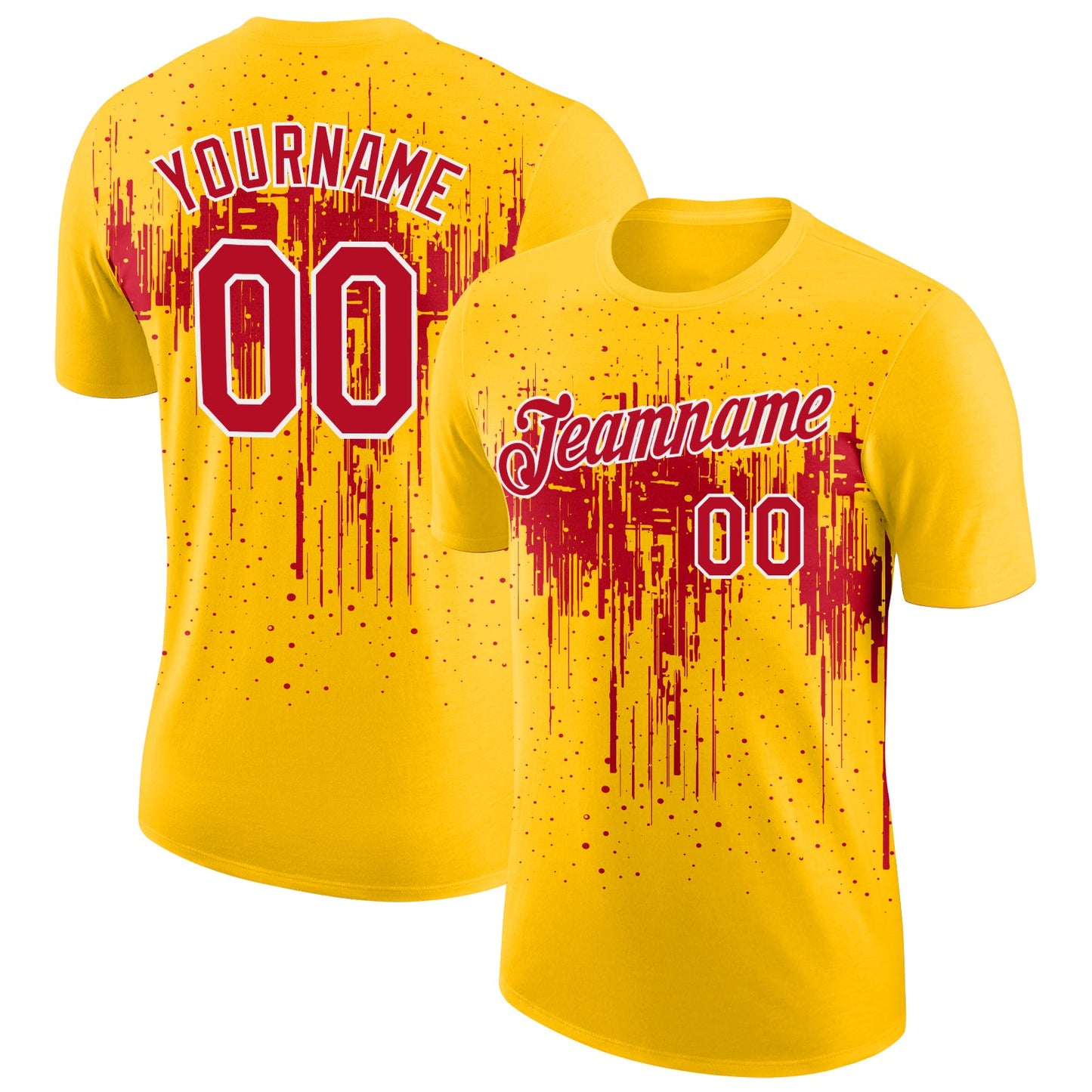 Custom Yellow Red-White Dripping Splatter Paint Performance T-Shirt - Main View